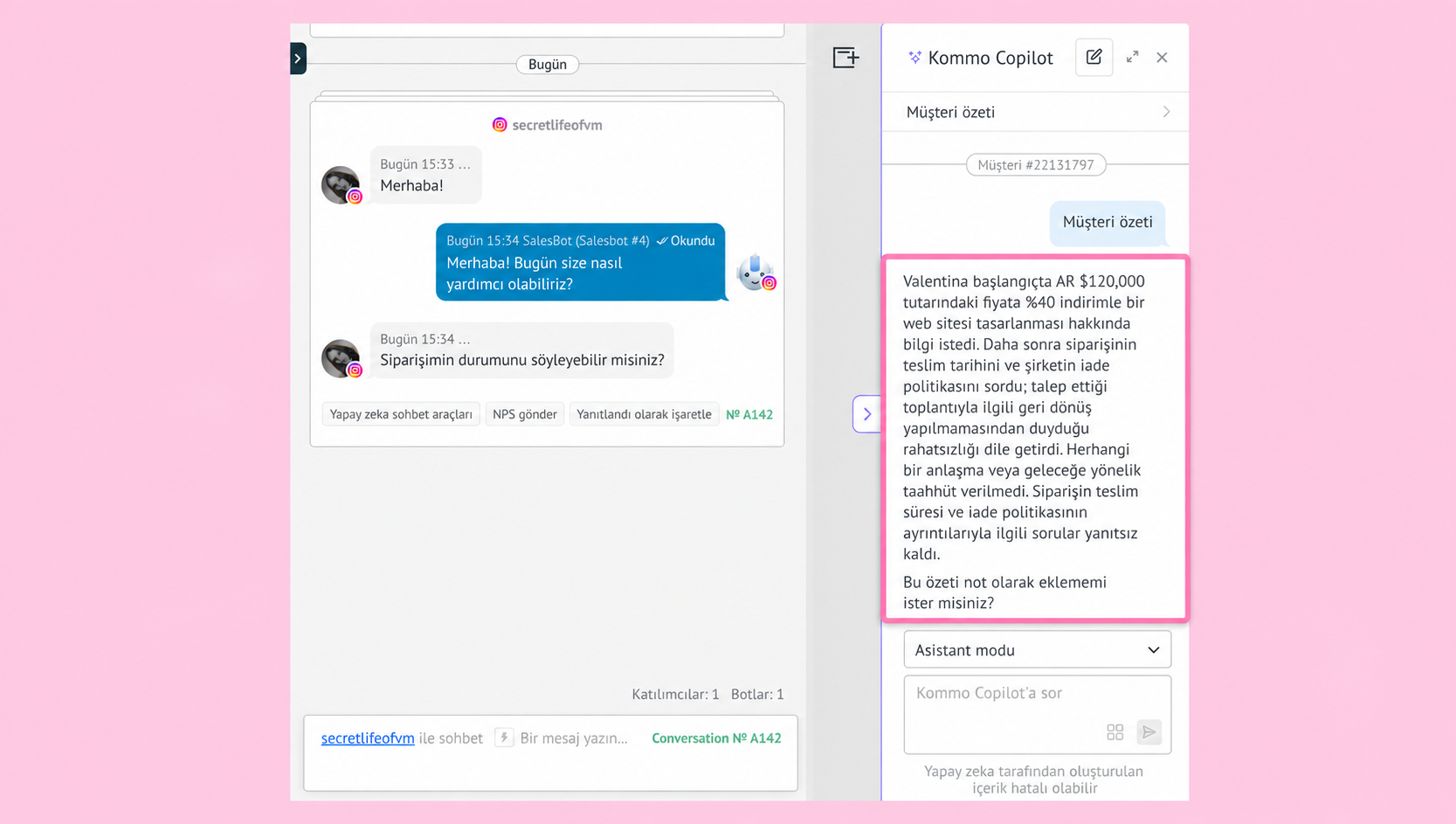 A chat interface discussing order status and customer inquiries about a website design.