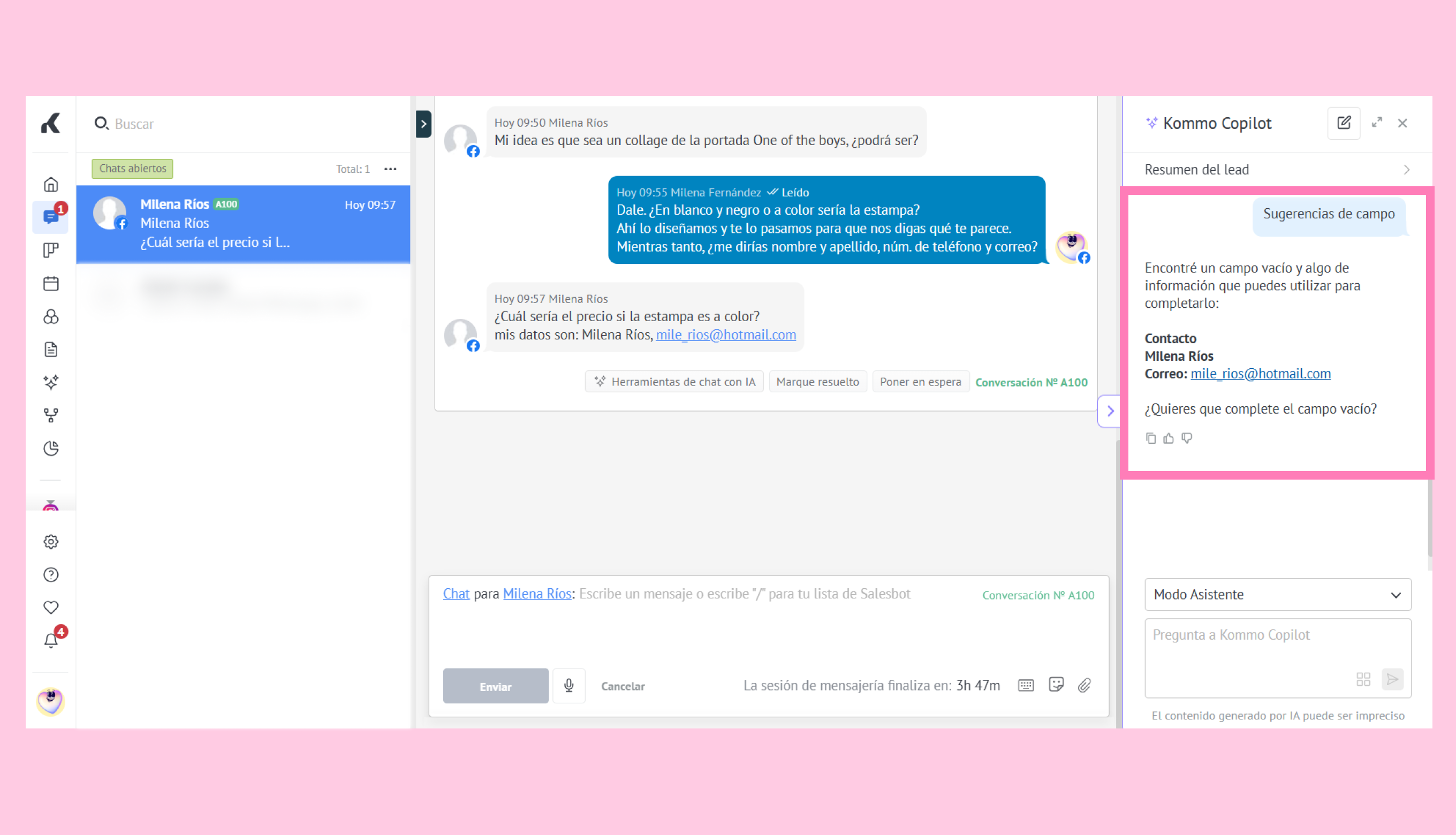 Chat interface showing conversation and suggestions for completing contact information.