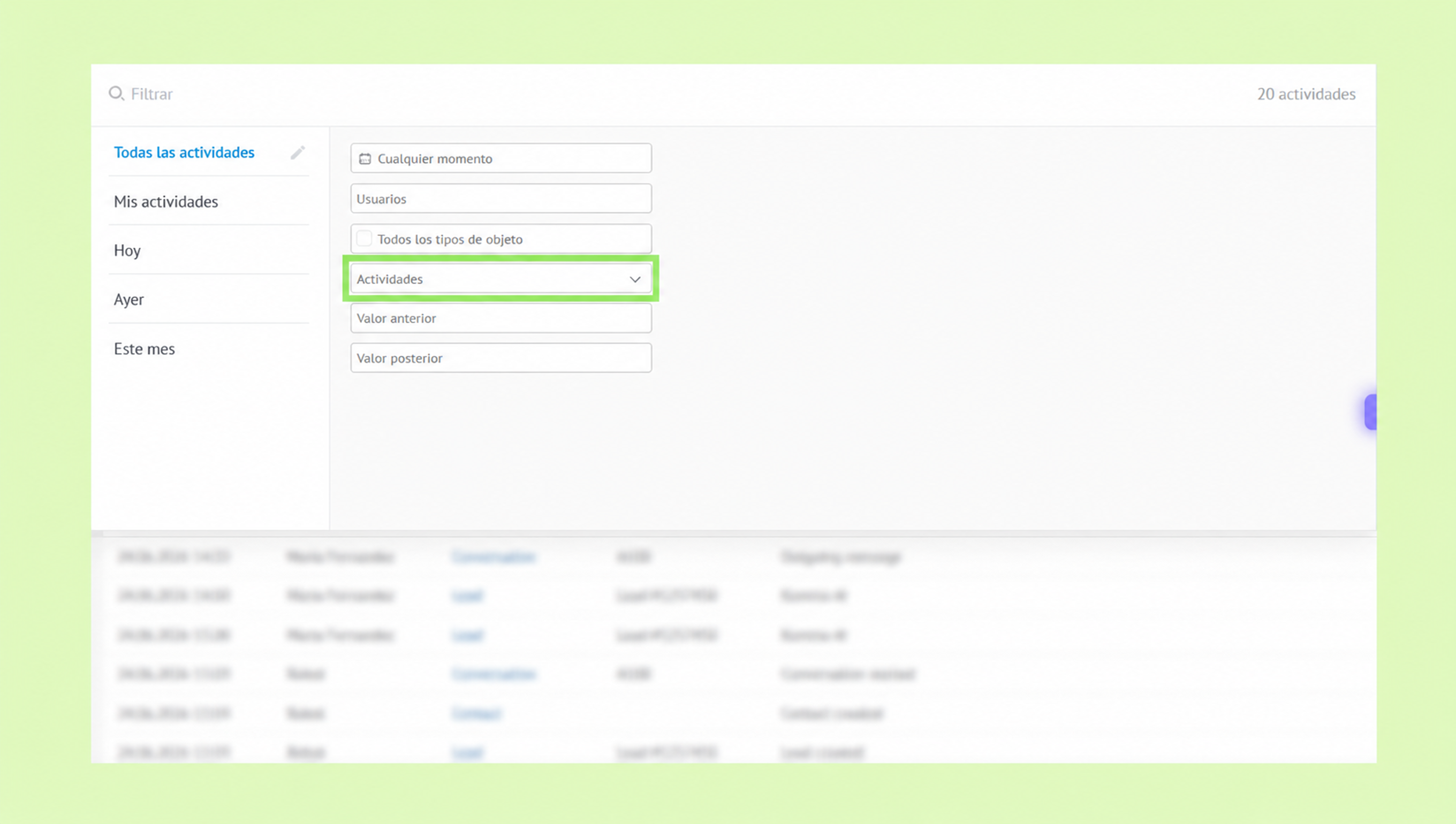 Filter options for activities, including user selection and activity type dropdown menu.