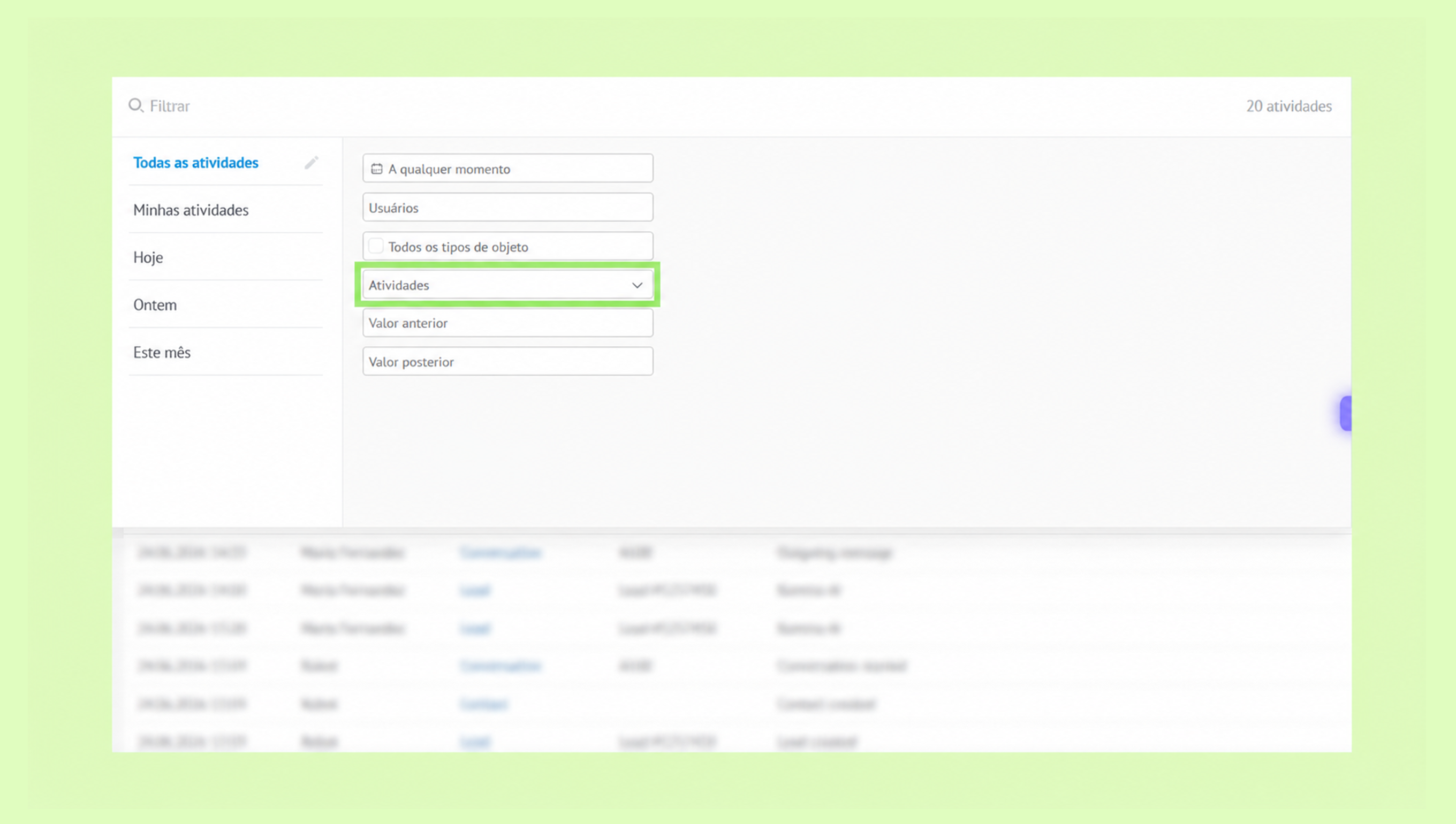 Filter options displayed for activities, including selection for specific activity types.