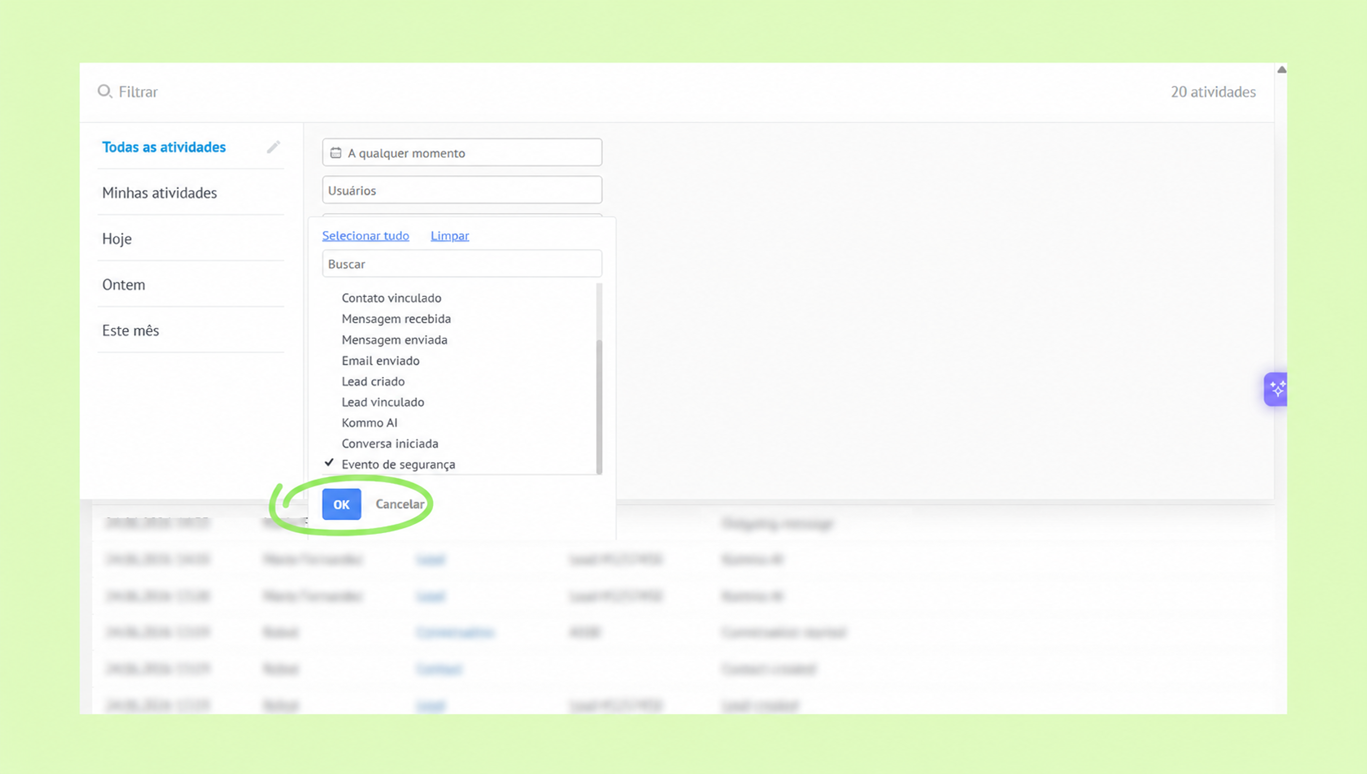 User interface displaying activity filter options with highlighted 'OK' button.