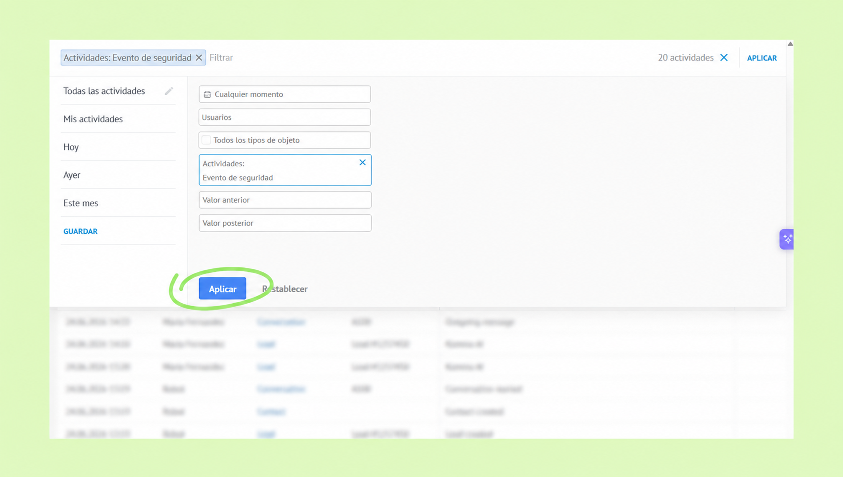 User interface for filtering security events with an 'Apply' button highlighted.