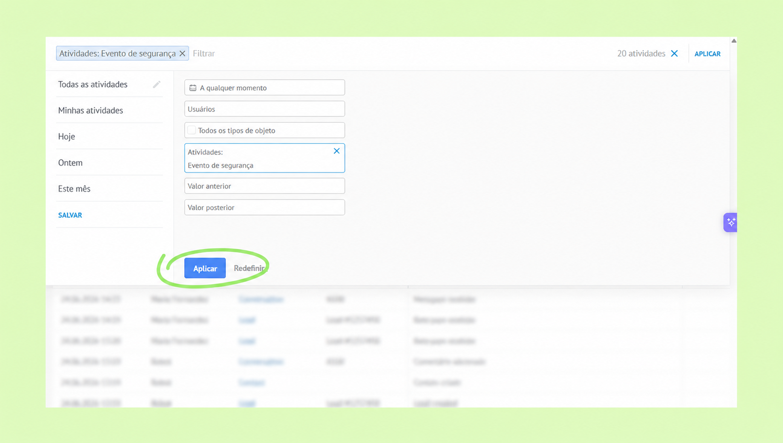 Filter options for security events with an apply button highlighted.