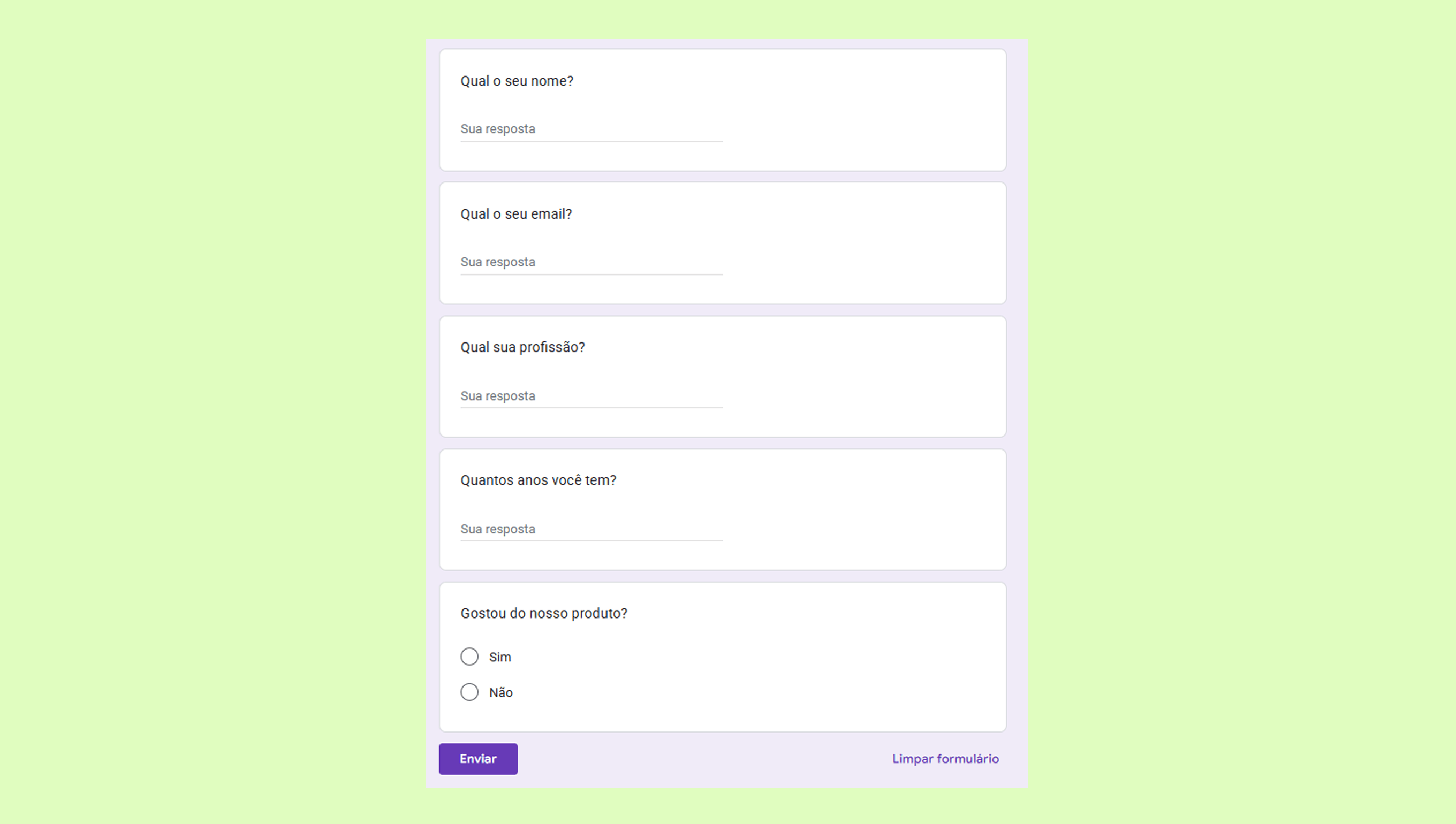A form asking for name, email, profession, age, and product feedback.