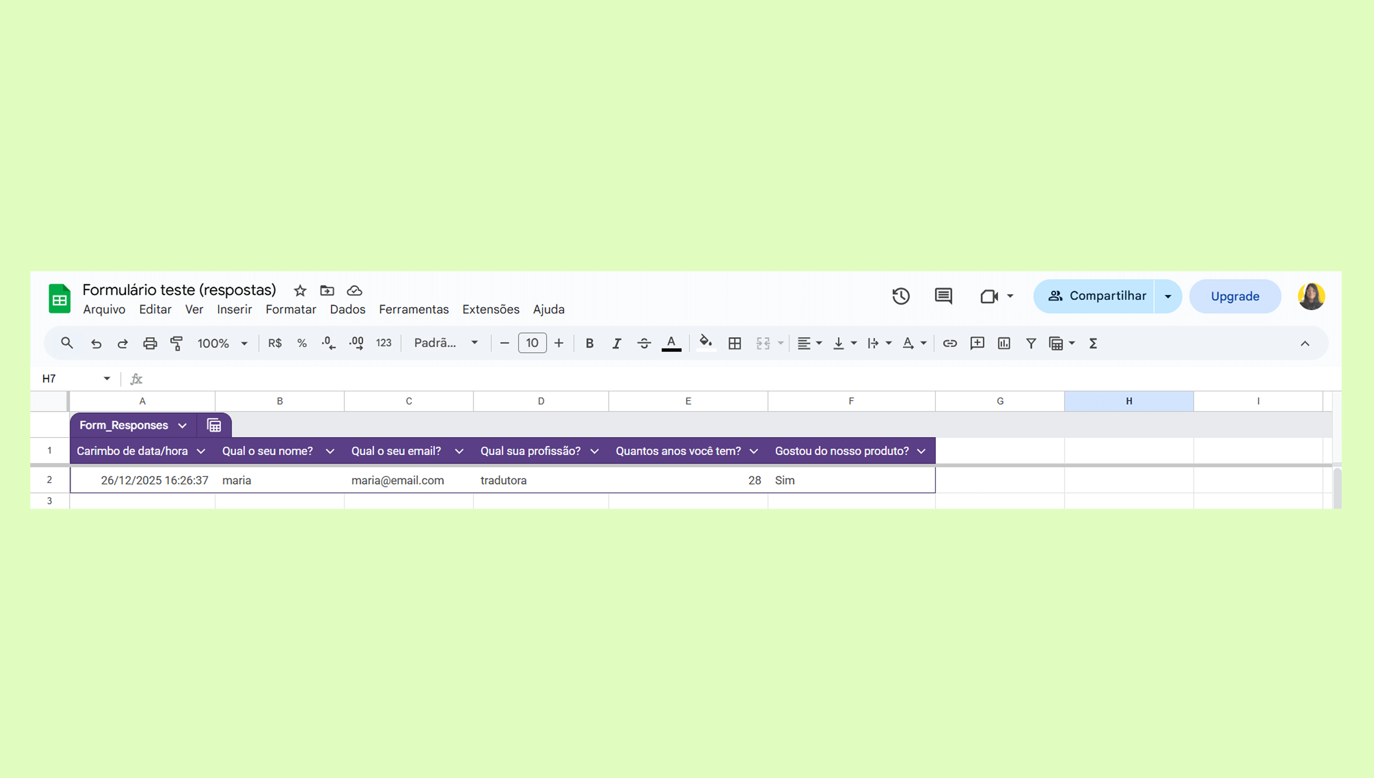 Spreadsheet displaying form responses with user details and timestamps.