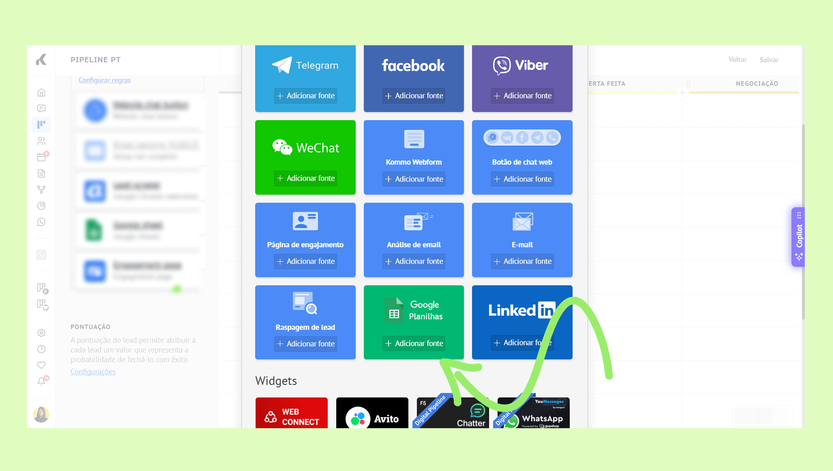 Interface displaying various social media integration options for a pipeline configuration.