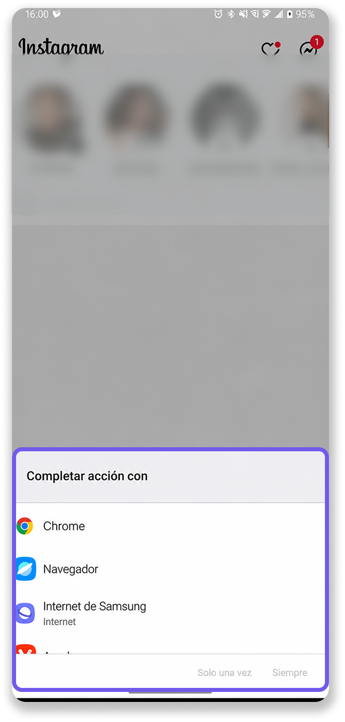 Instagram interface showing options to complete actions with various browsers listed.