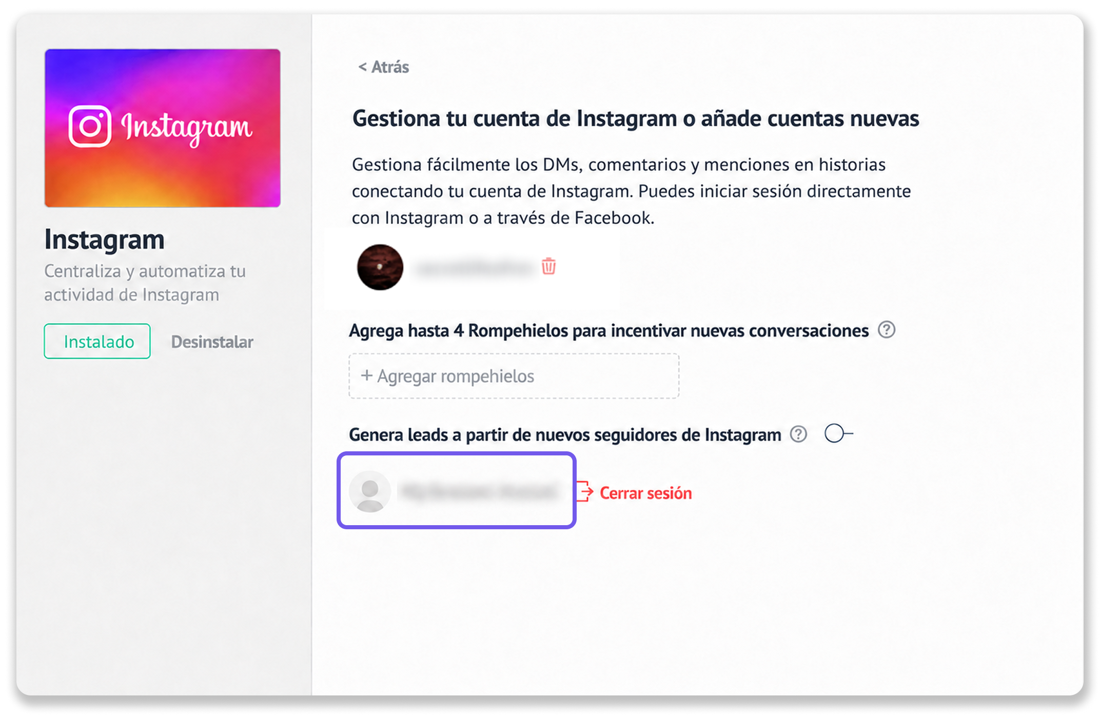 Instagram account management interface showing options for adding new accounts and leads.