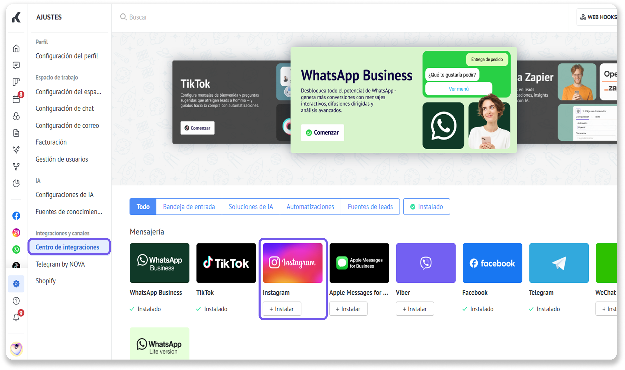 Integration center displaying options for WhatsApp Business, TikTok, and Instagram installation.