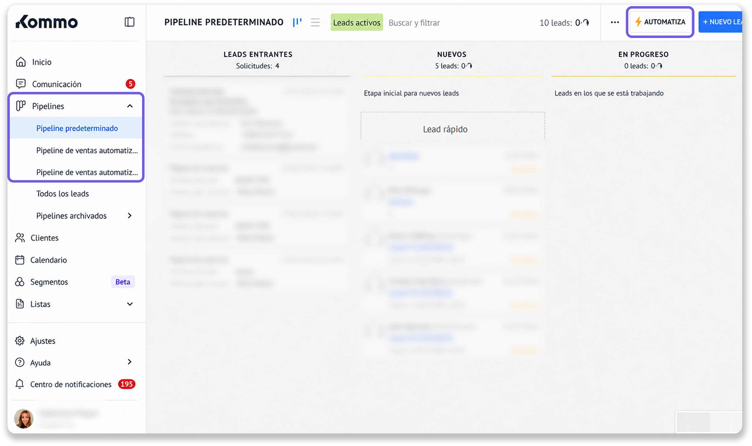 Dashboard view showing active leads and pipeline options for managing sales.
