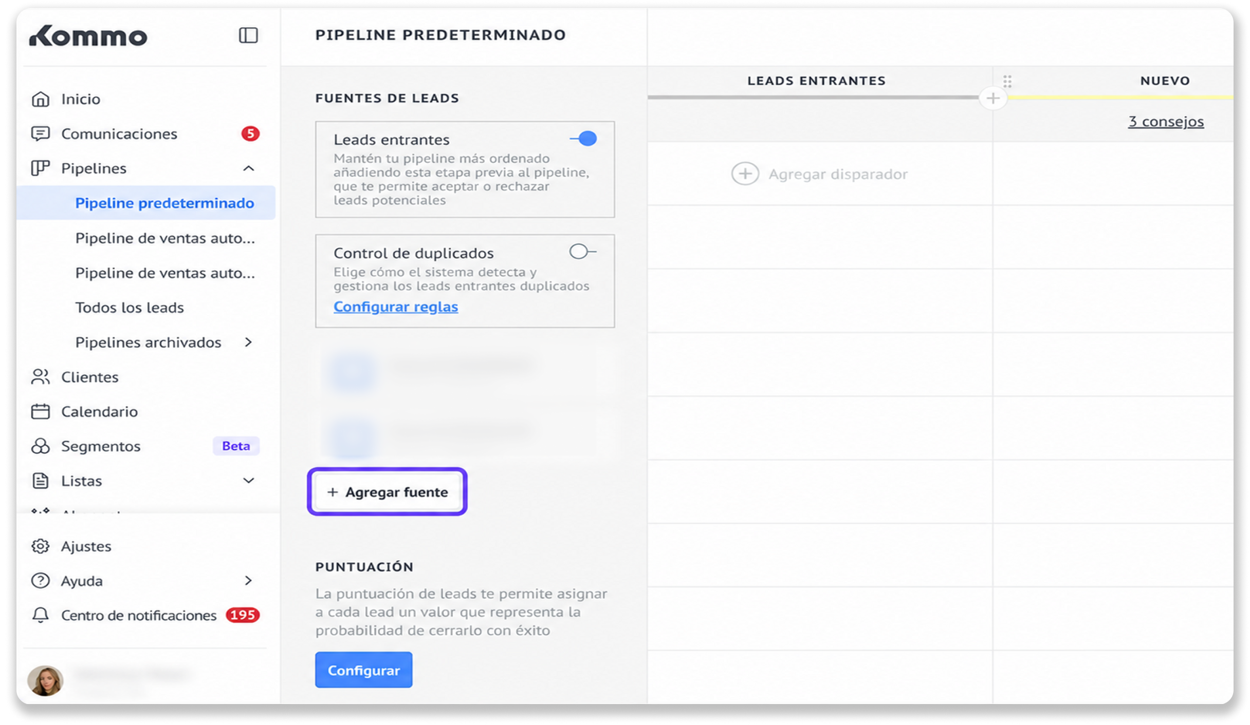 User interface showing lead management options and the button to add a source.