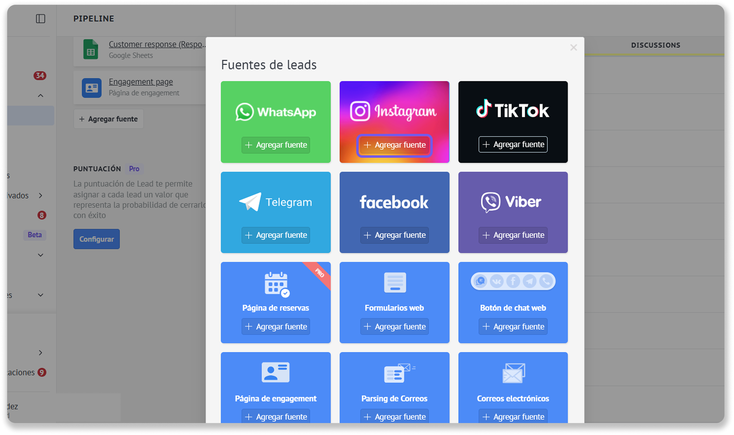 Lead sources including WhatsApp, Instagram, and Facebook for engagement and marketing.