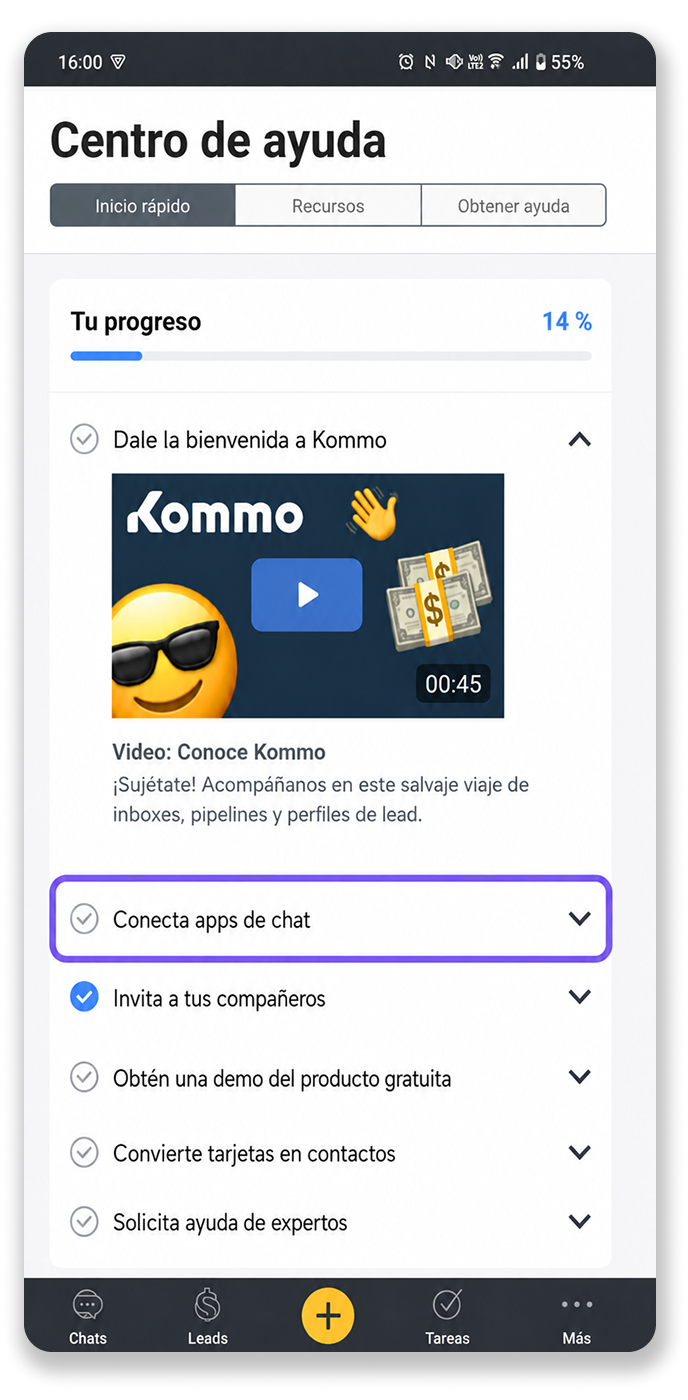 Help center progress showing completed tasks and video introduction to Kommo.