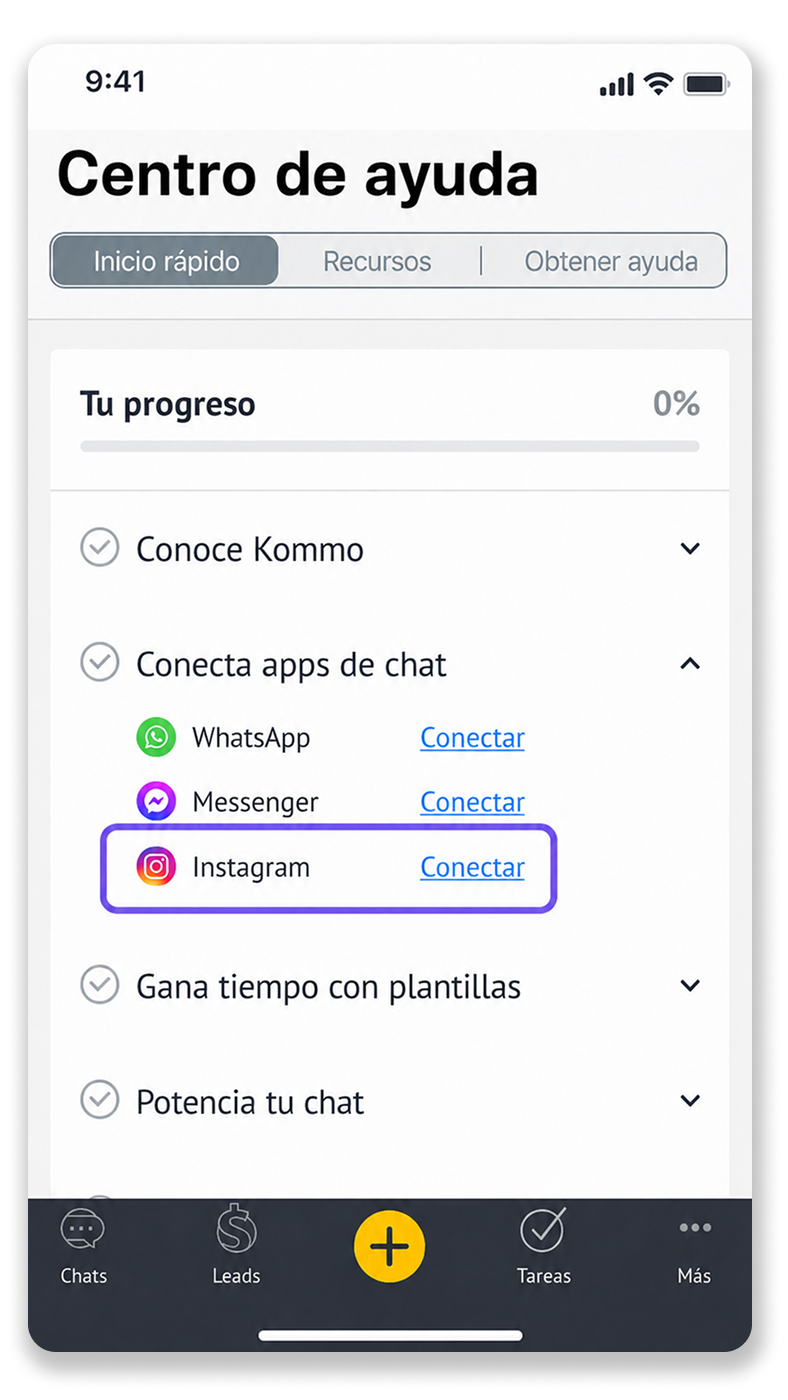Help center interface showing chat app connections, including Instagram and Messenger options.