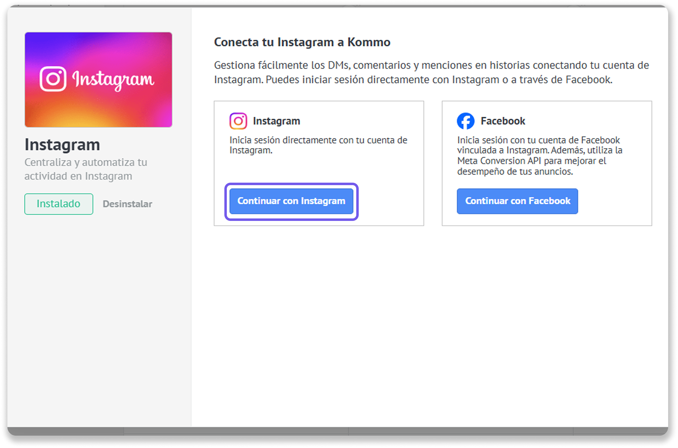 Connect your Instagram account to Kommo for easy management of messages and comments.
