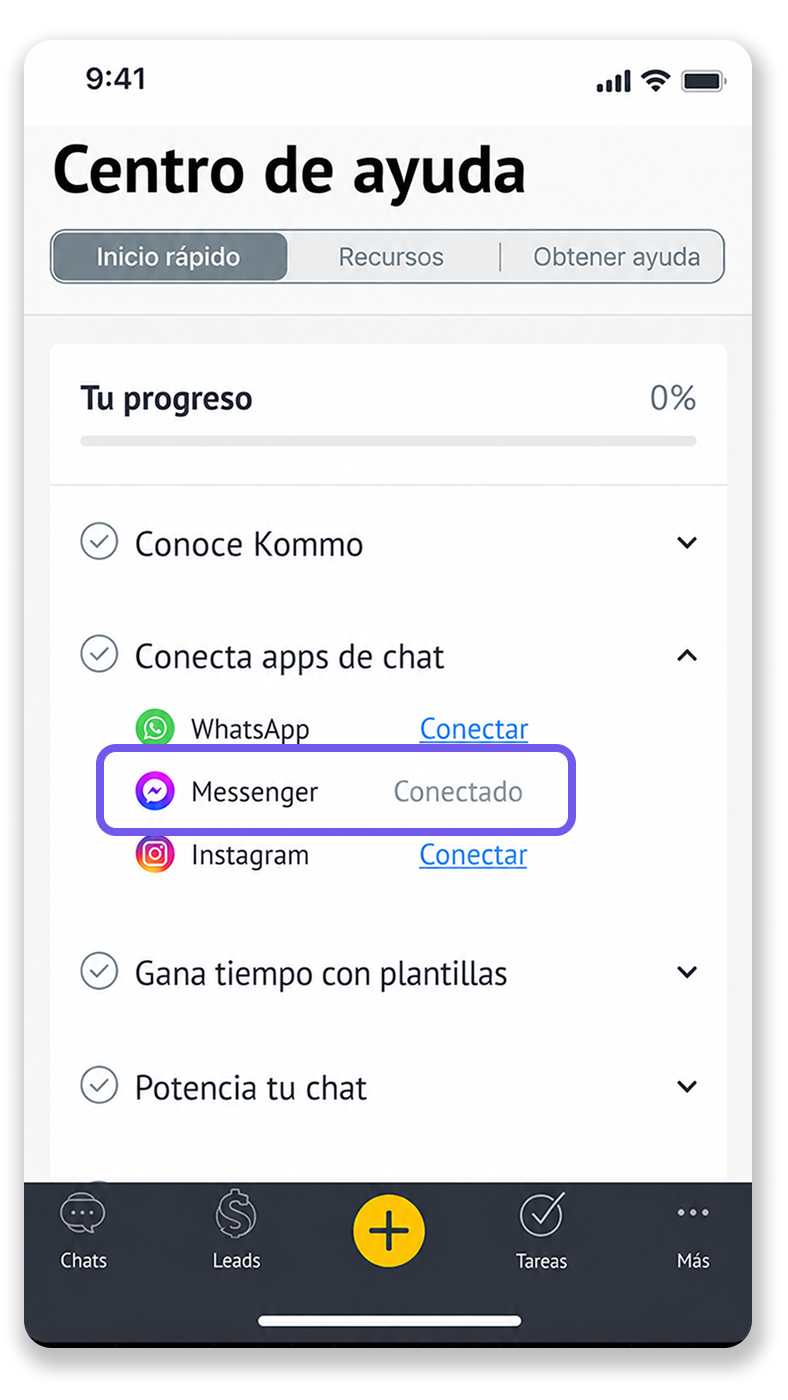 Help center interface showing connected chat apps, highlighting Messenger as connected.