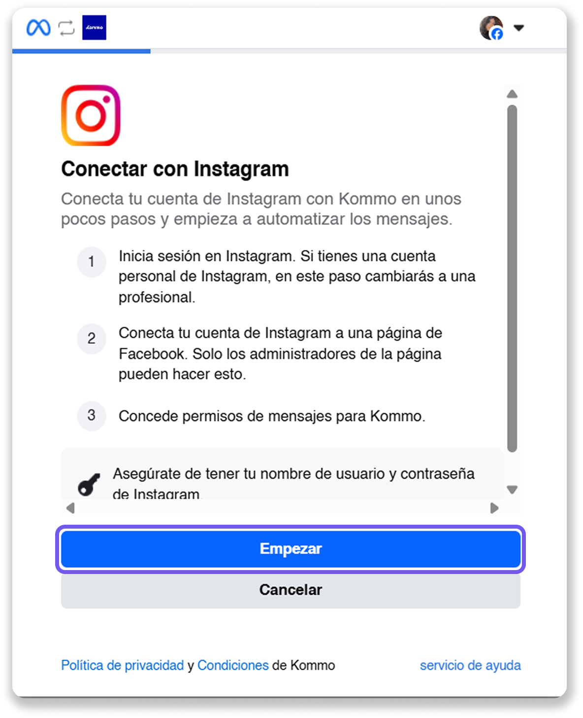 Instructions to connect Instagram account with Kommo for message automation.