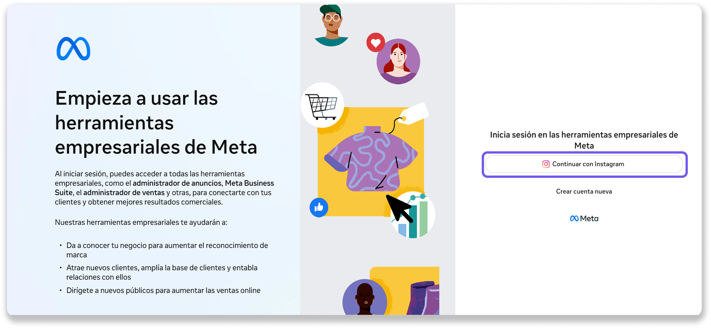 Meta business tools overview with login options and highlighted features for users.
