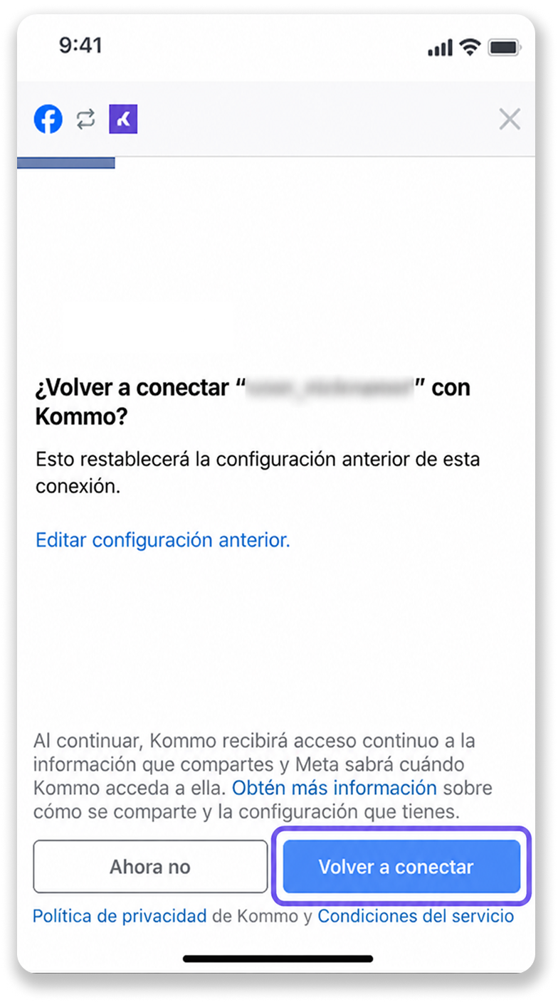 Prompt to reconnect Kommo with a warning about previous connection settings.