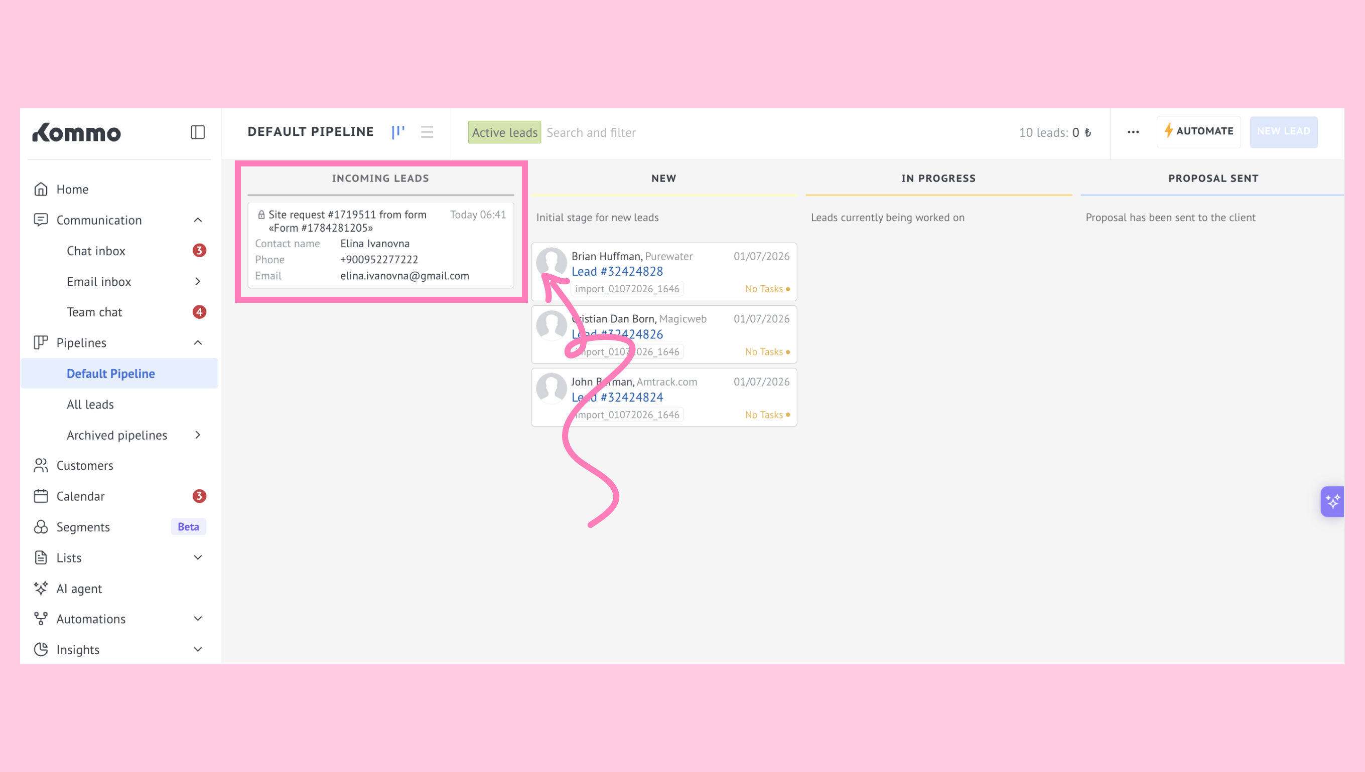 Incoming leads section displaying contact details and new lead information in a pipeline.