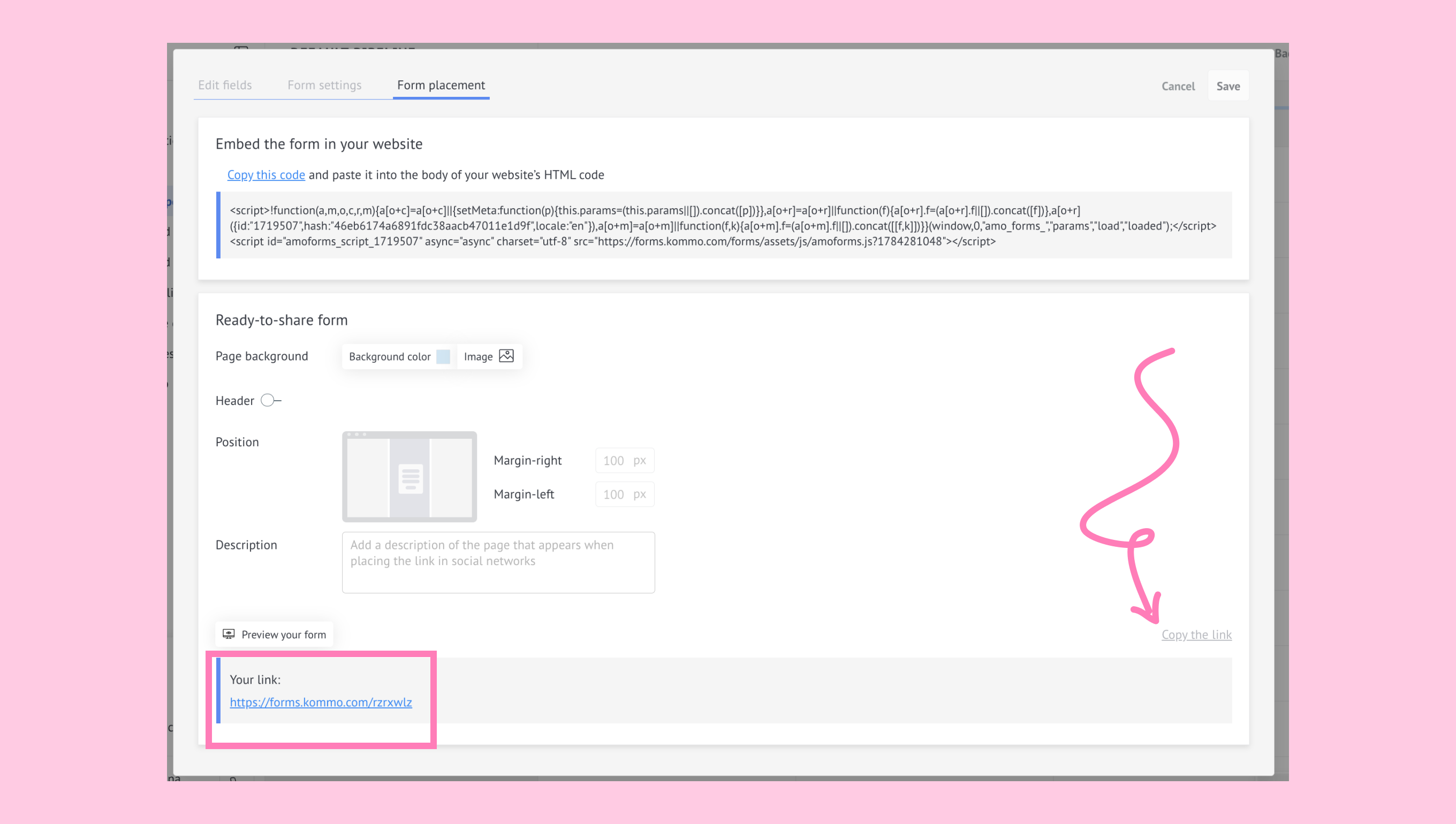 Form placement tab with the link to the Kommo-hosted webform page.