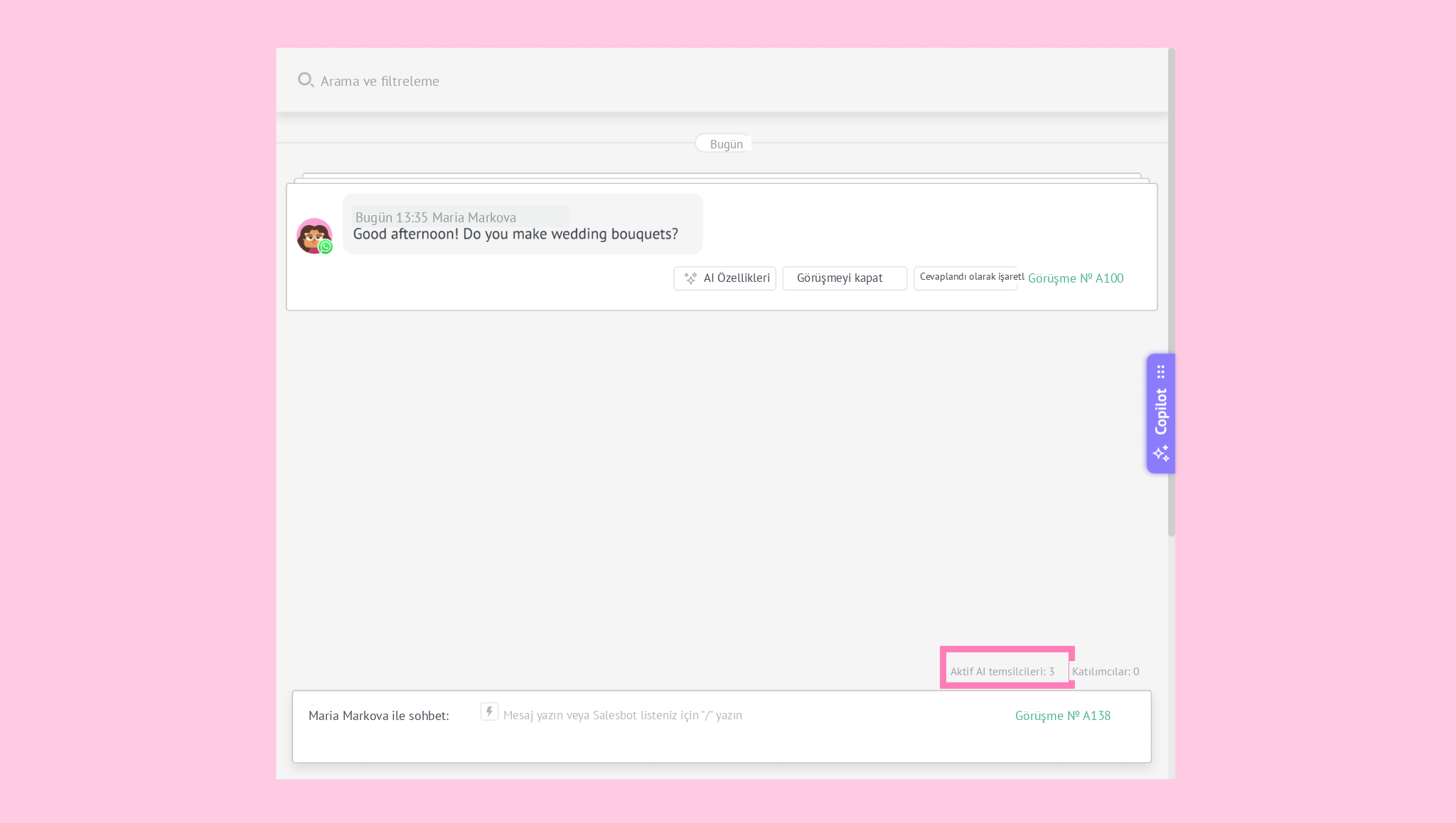 Chat interface showing a message about wedding bouquets and active AI representatives.