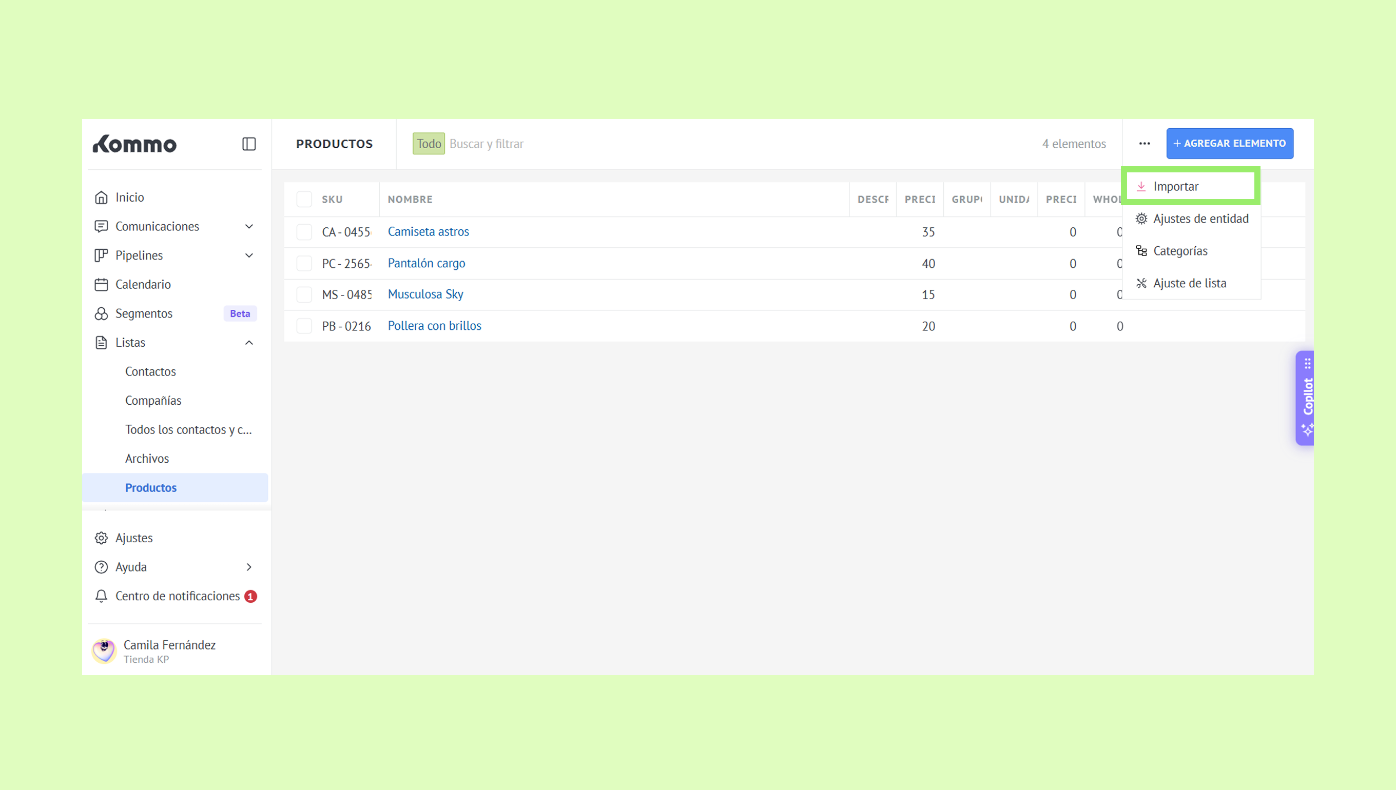 Product list with an import option highlighted for easy access and management.