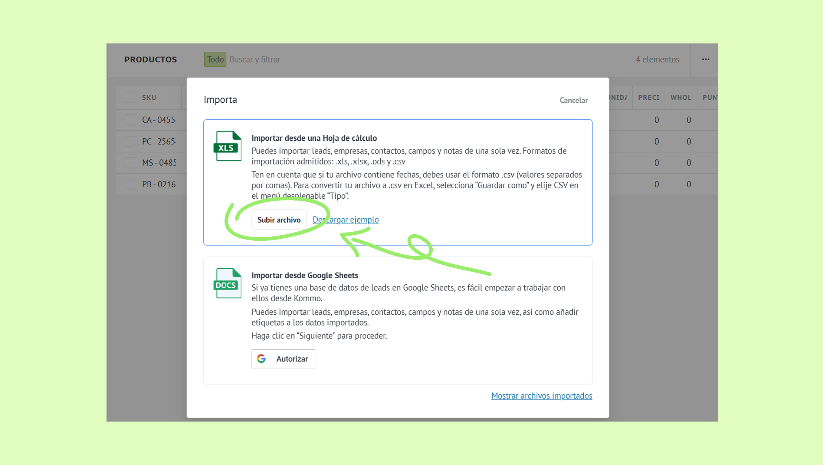 Instructions for importing files from spreadsheets with highlighted upload button.