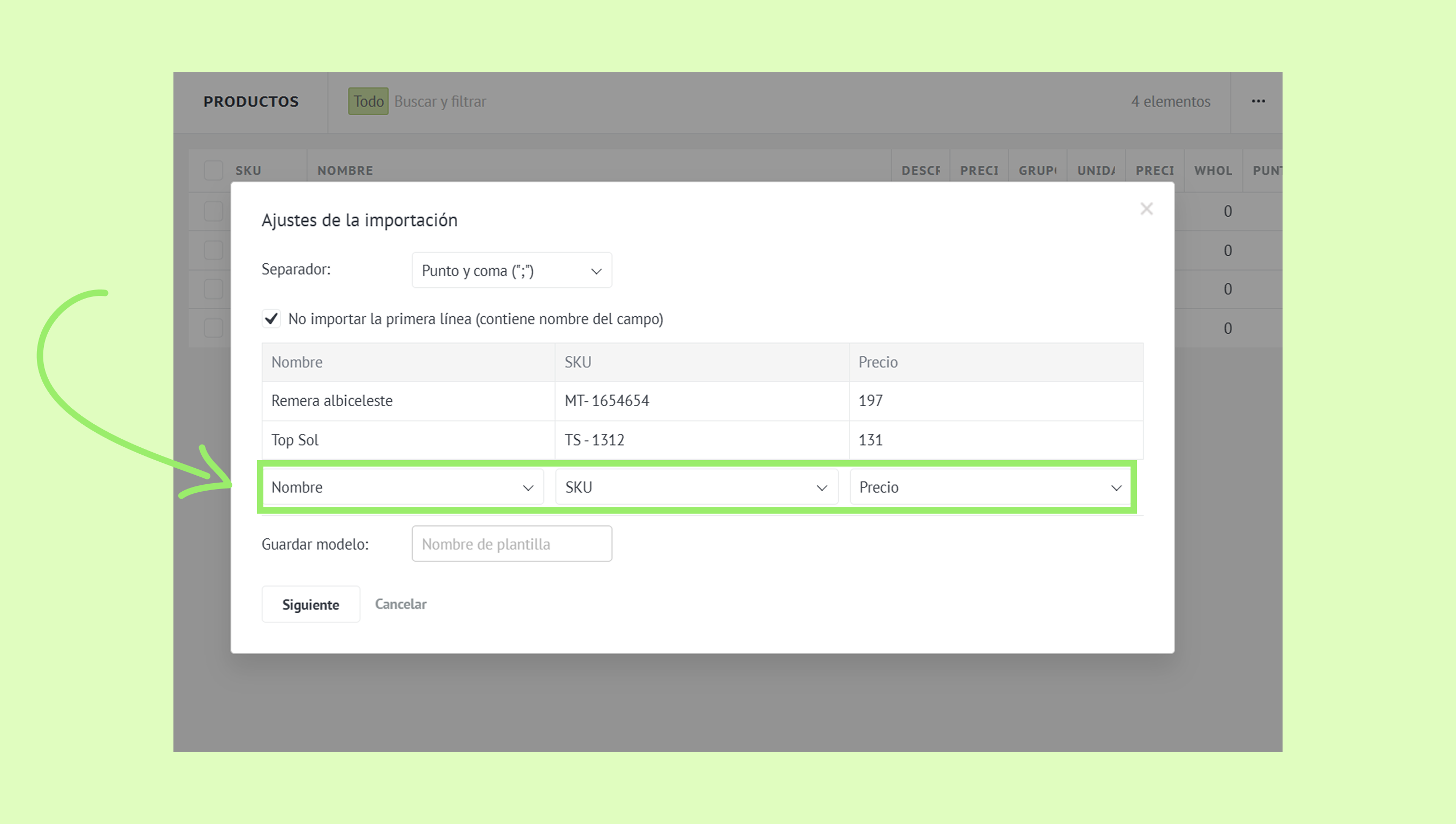 Settings for importing product data, highlighting field mapping options and data structure.