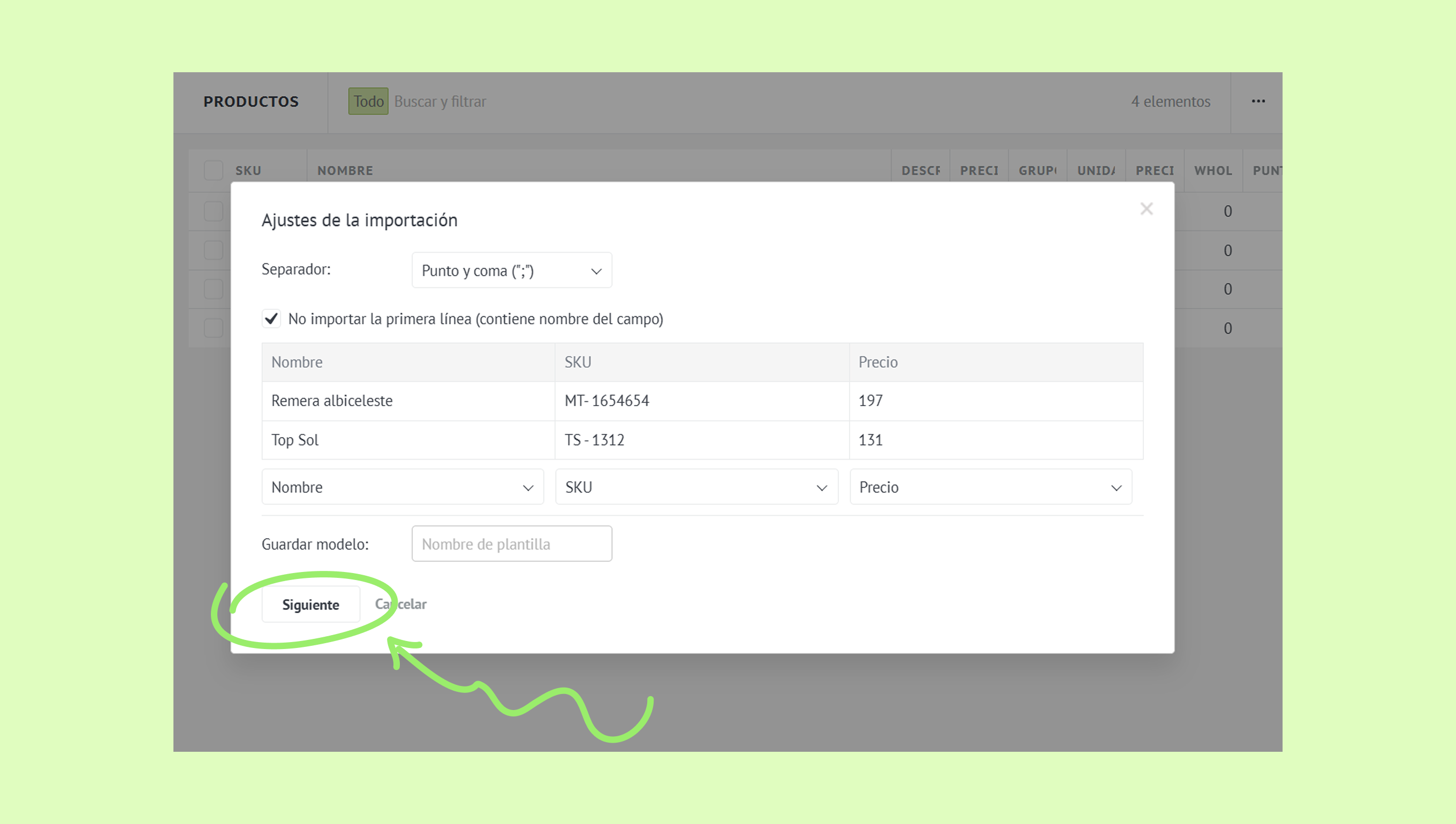 Import settings for product data with highlighted 'Next' button for continuation.
