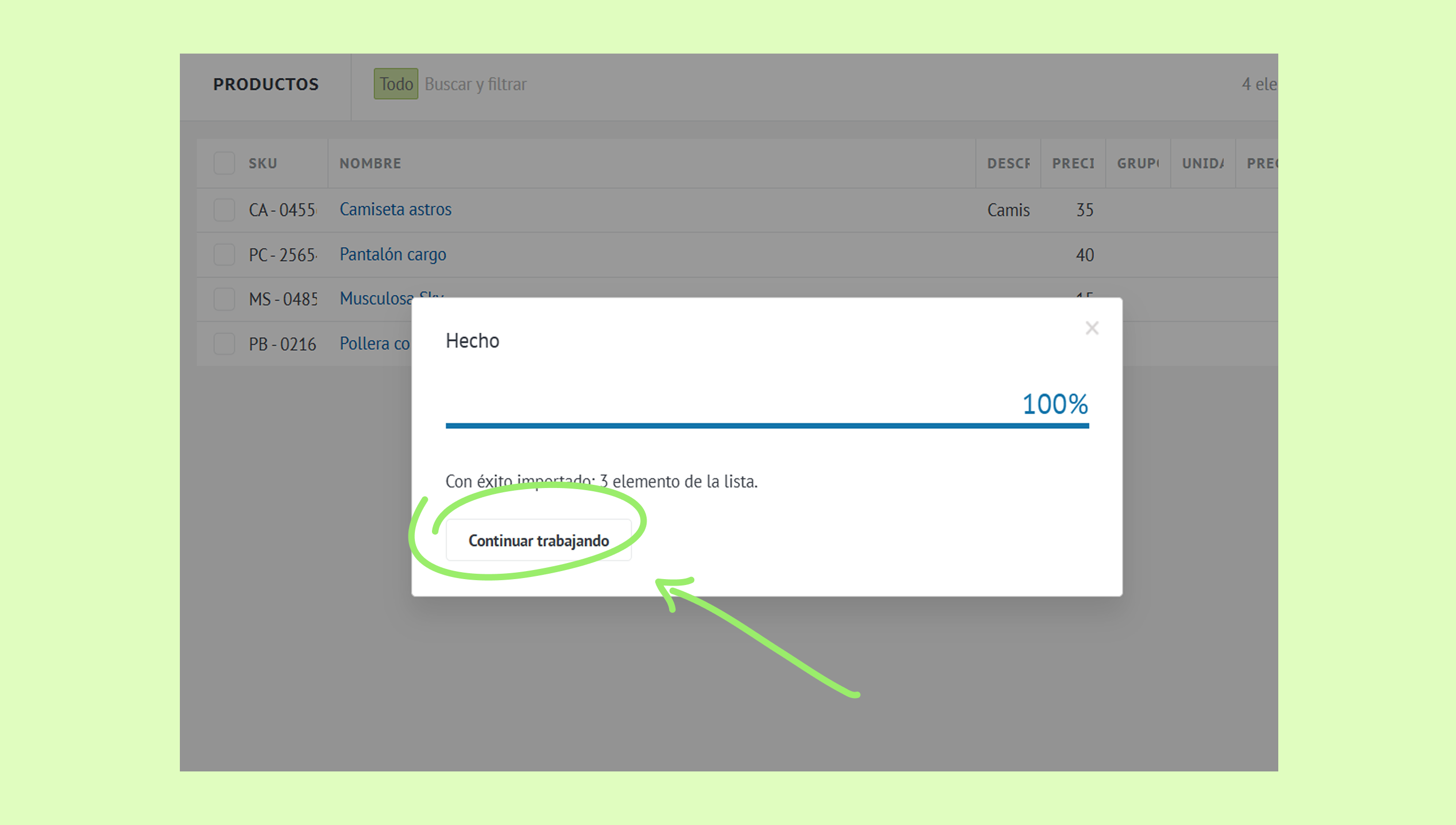 Confirmation message indicating successful import with a button to continue working.