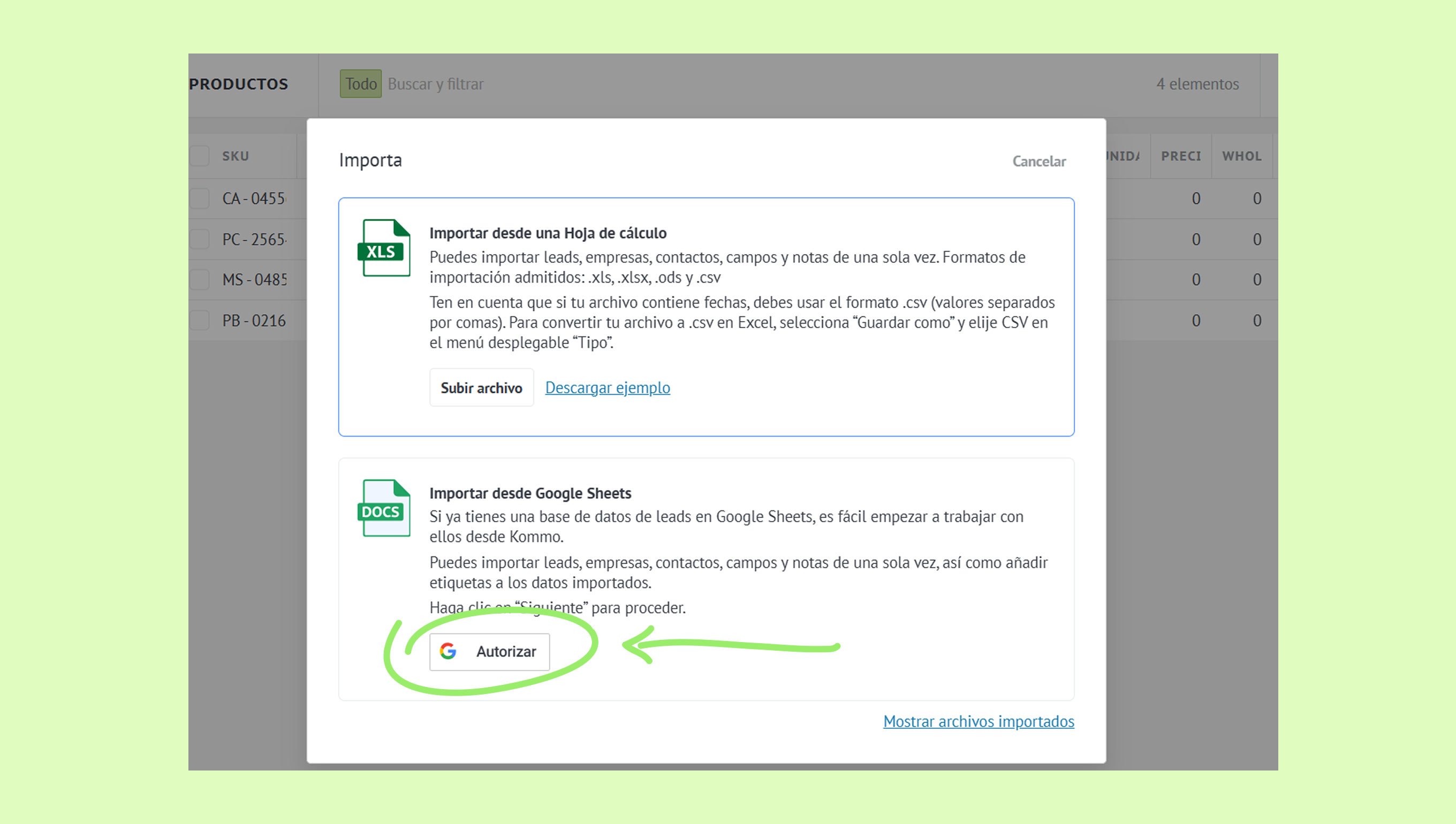 Import options for spreadsheet files and Google Sheets with authorization button highlighted.