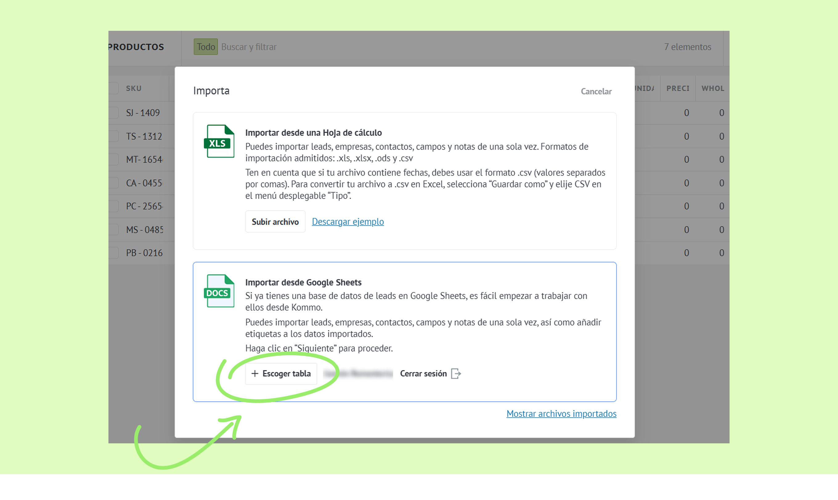 Instructions for importing data from Excel and Google Sheets with highlighted options.