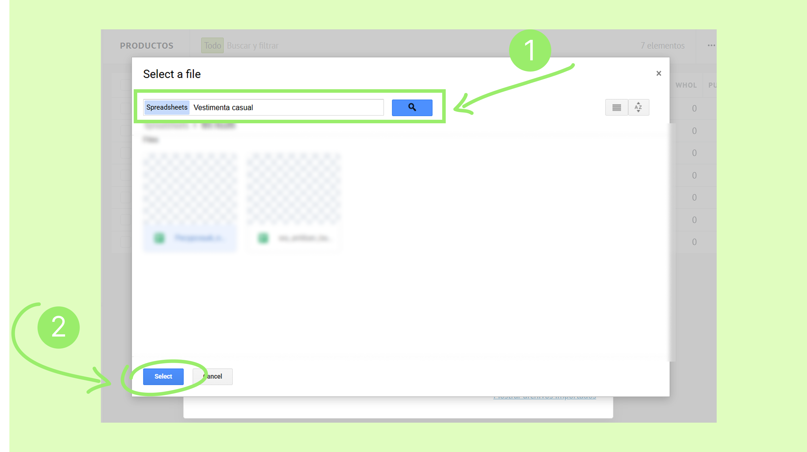 User interface for selecting a file with highlighted search and select options.