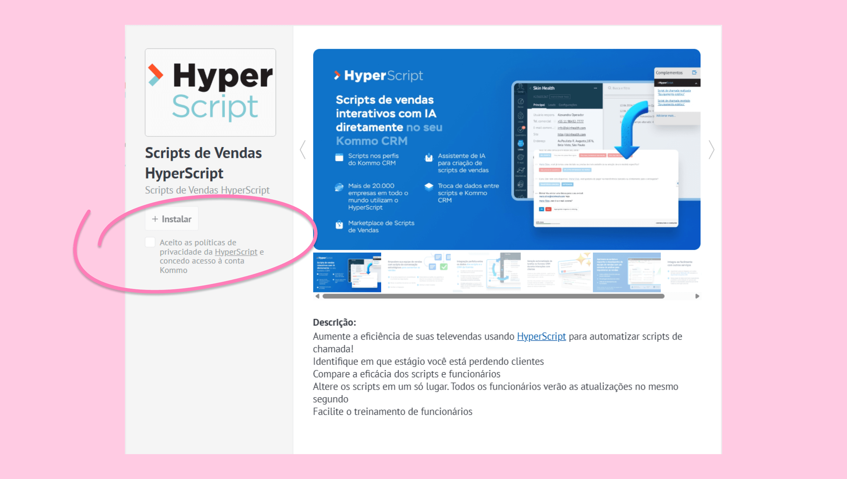 HyperScript installation prompt with privacy policy agreement and CRM integration details.