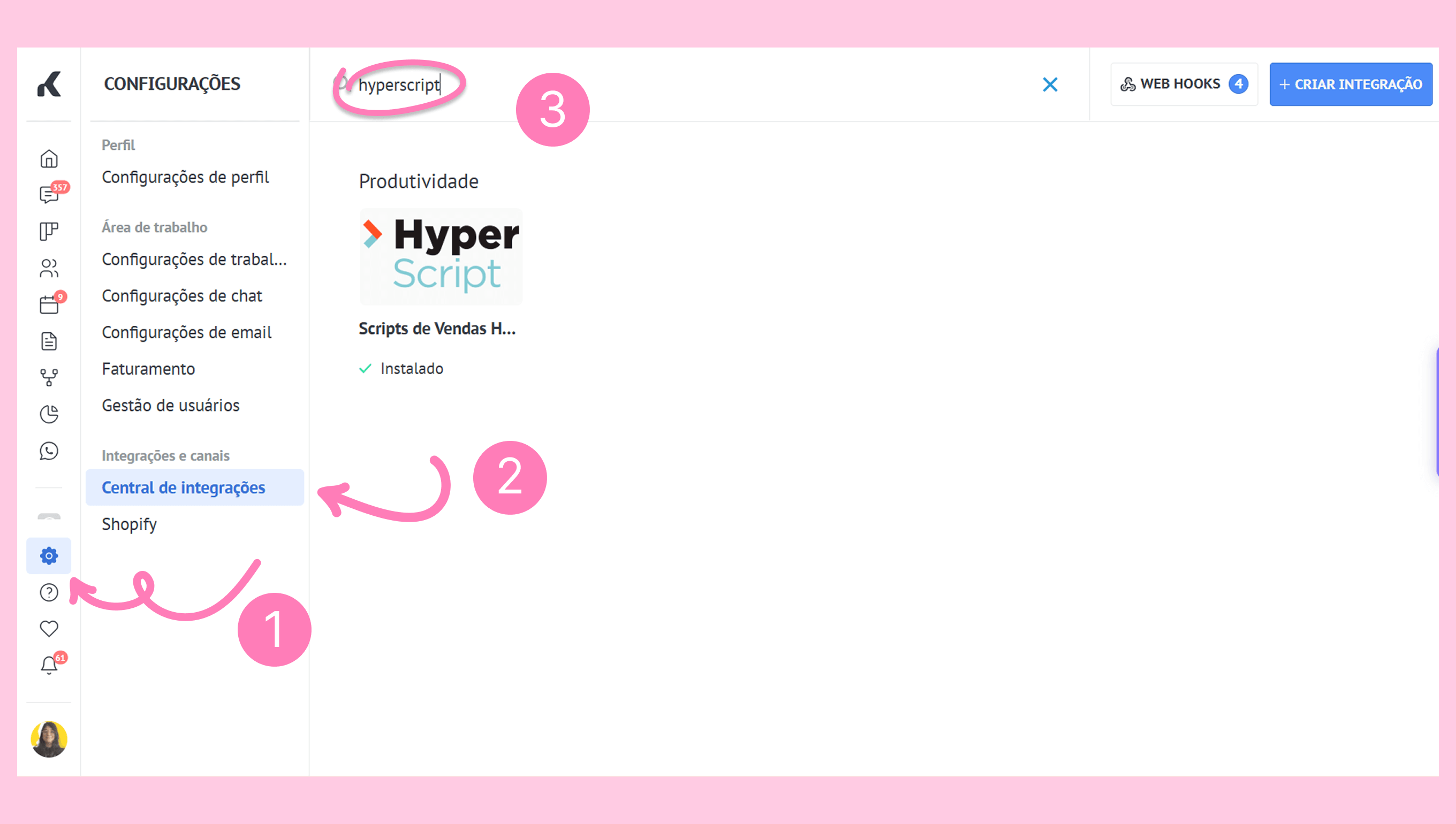 Settings menu showing integration options and highlighting HyperScript installation status.