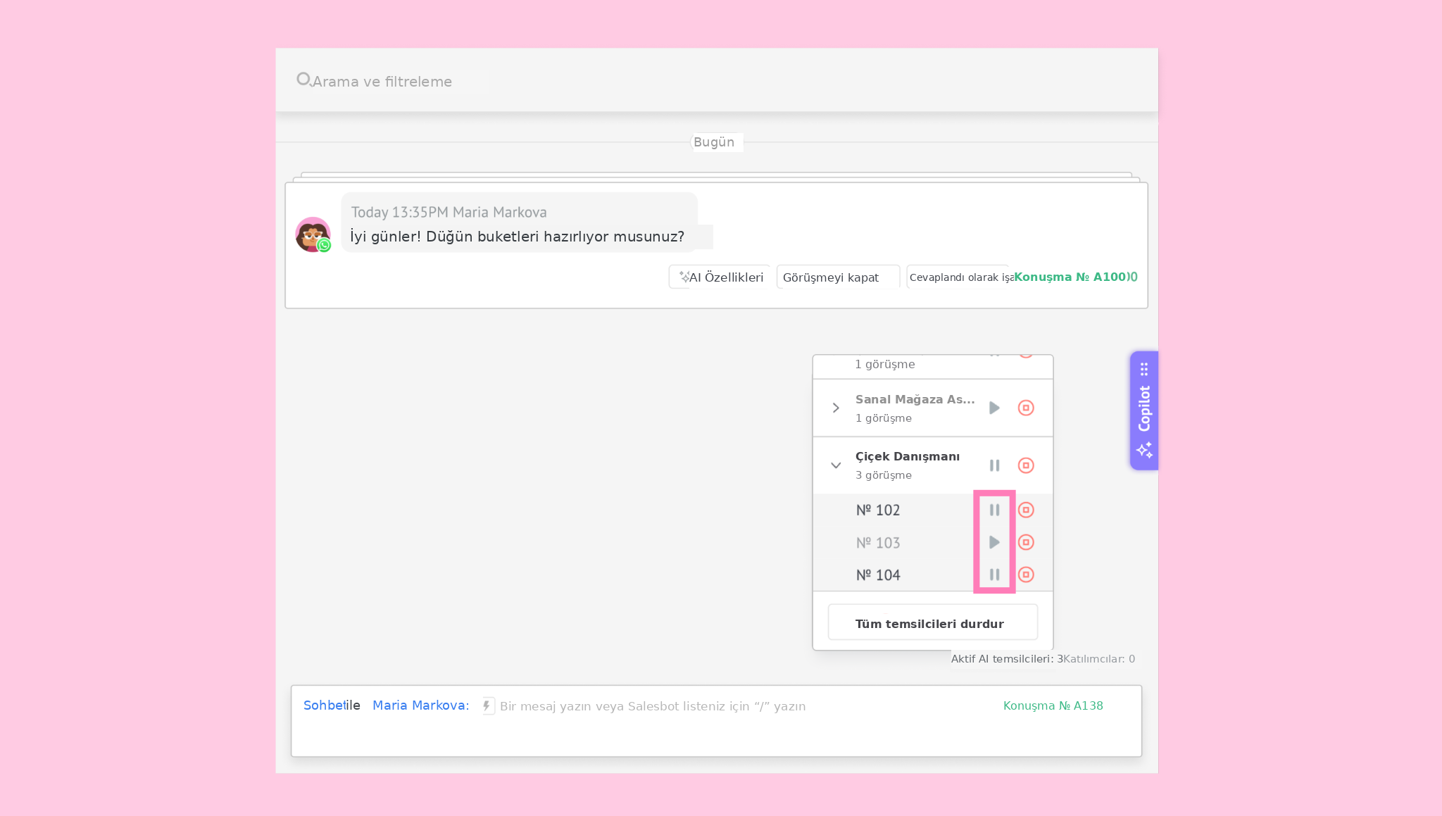 Chat interface displaying a conversation about wedding bouquets and options available.