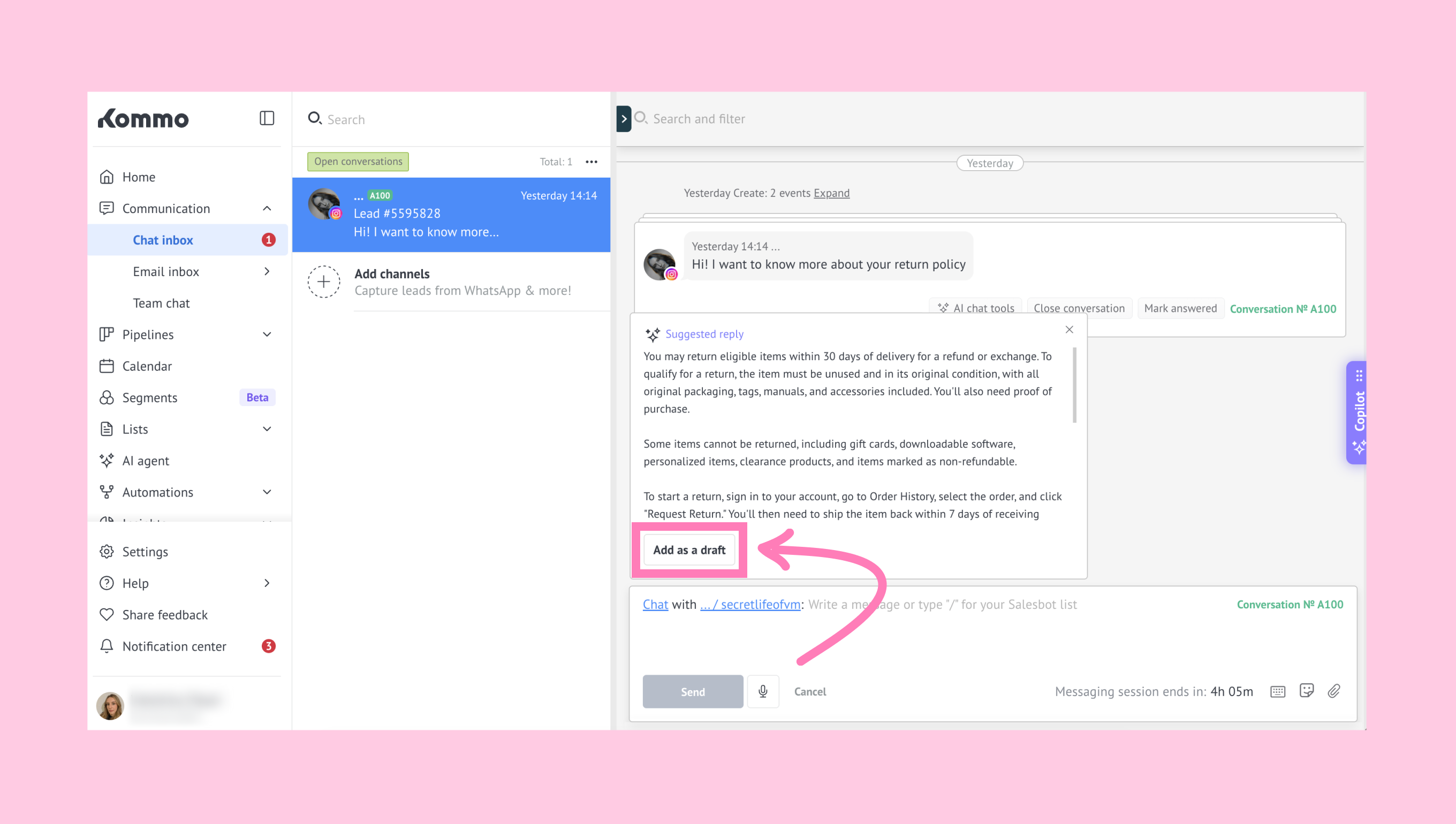 Generated reply preview with the Add as a draft option.
