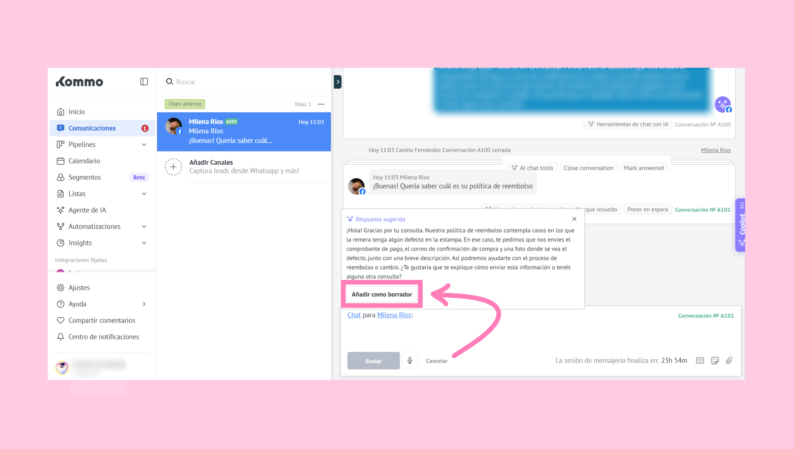 Chat interface showing a conversation about refund policy with highlighted response suggestion.