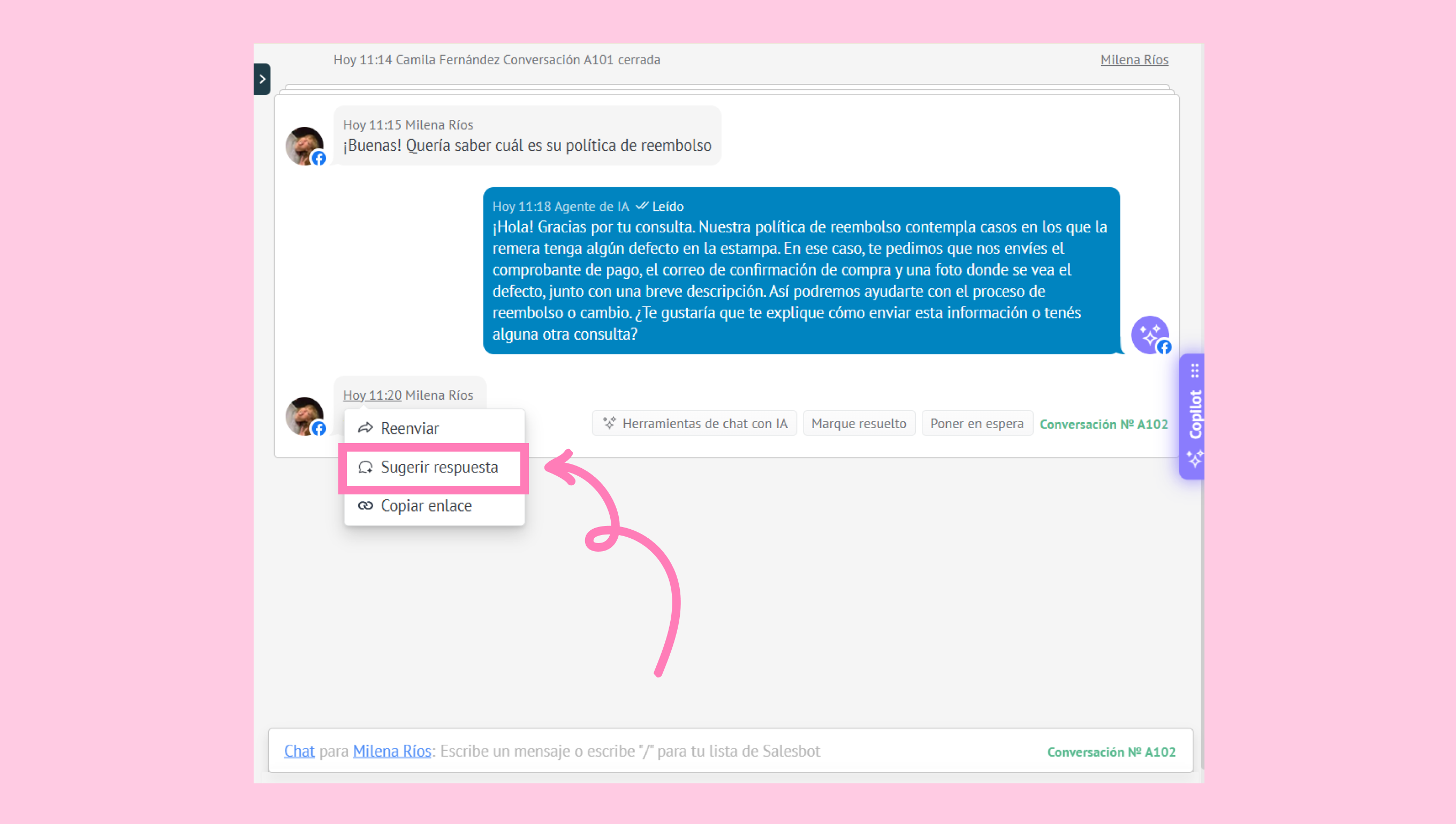 Chat interface showing a suggested response option highlighted for user interaction.