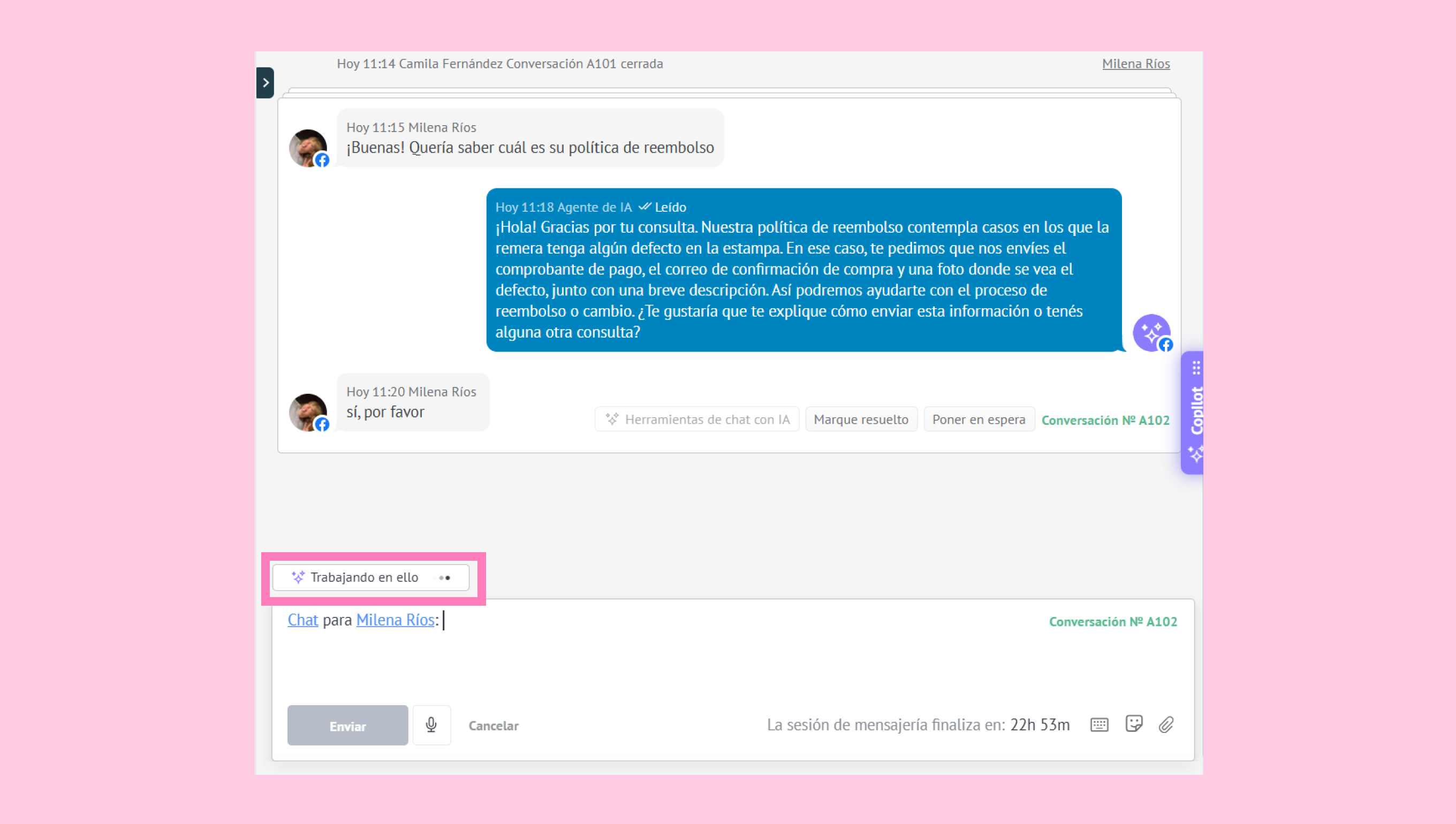 Chat conversation discussing refund policy and required information for processing requests.