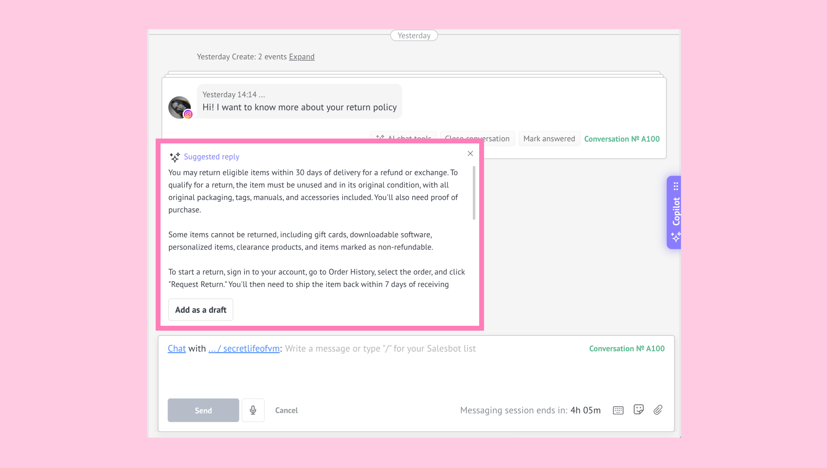 AI reply suggestions conversation in Kommo with a generated AI reply suggestion.