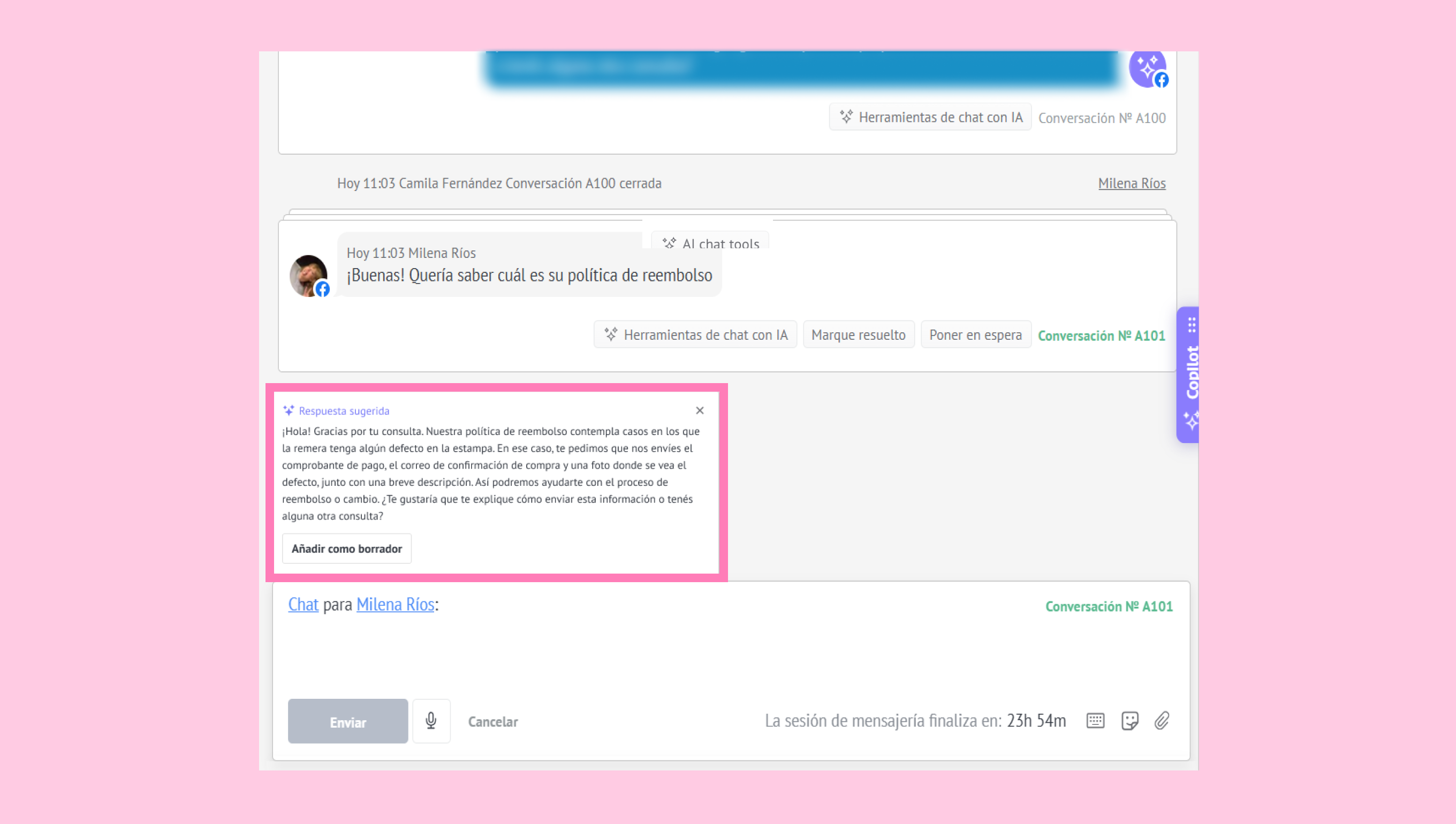 Chat conversation discussing refund policy with suggested response highlighted.