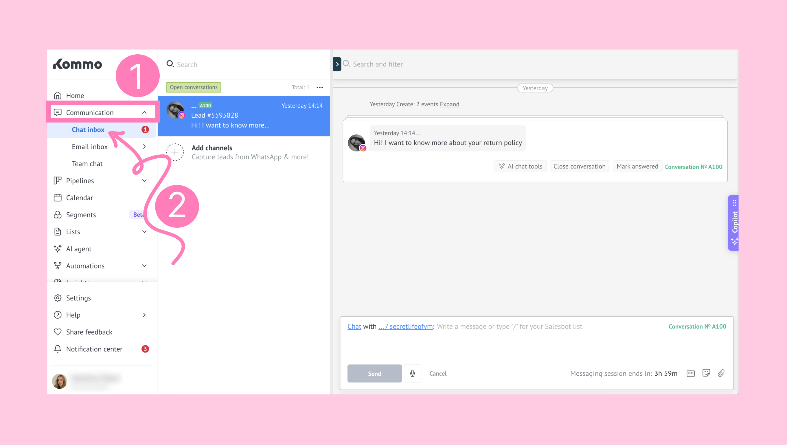 Task Suggestions displaying the Chat inbox with a lead conversation open.