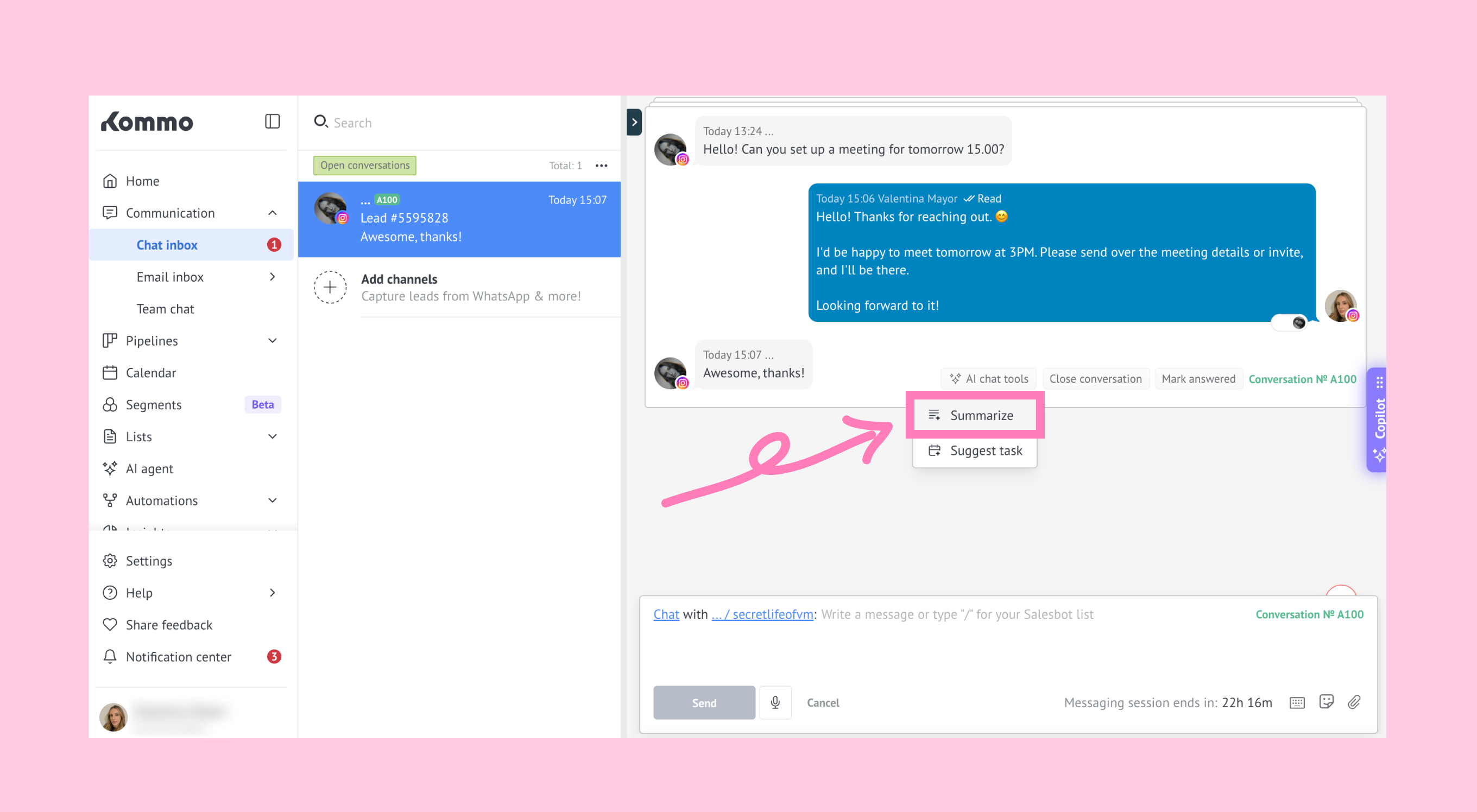 Conversation Summary showing the feature enabled and ready to use.