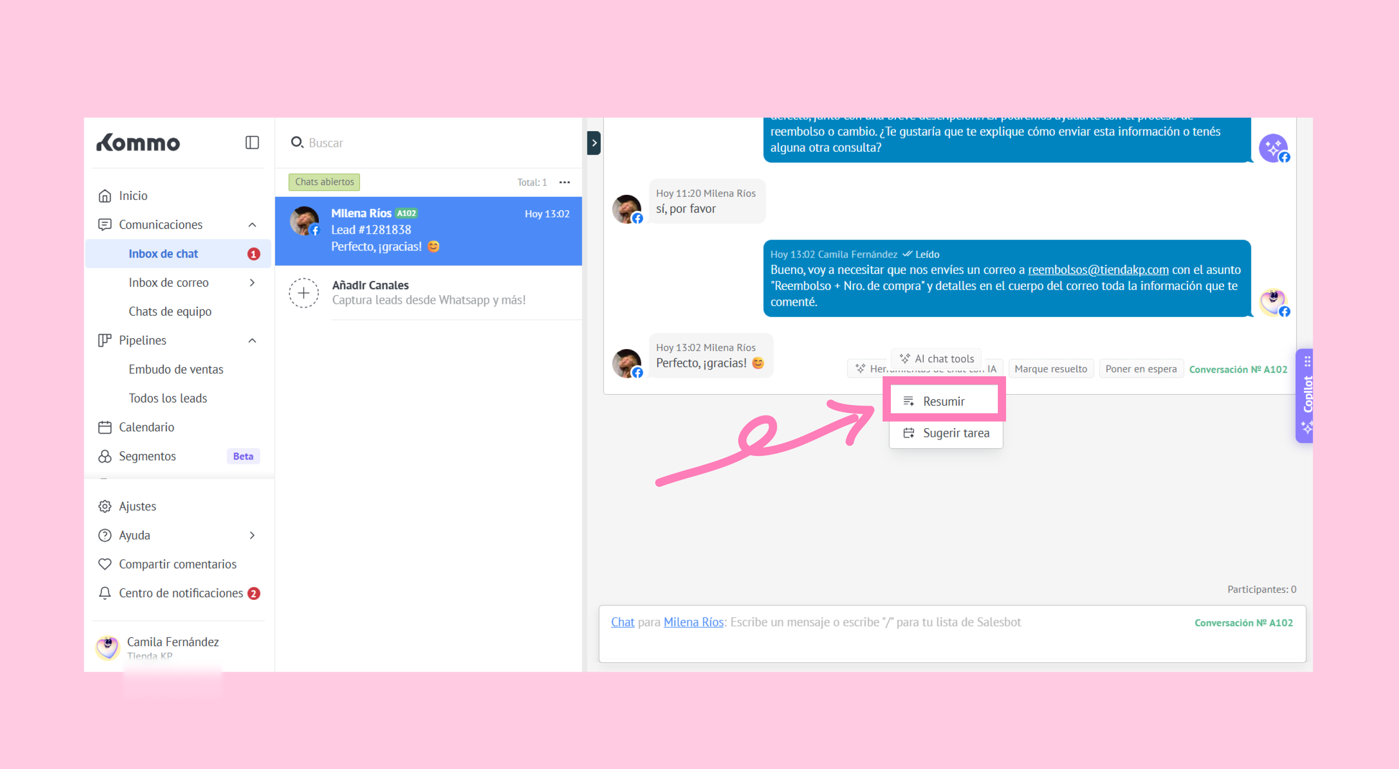 Chat interface showing conversation and options to summarize or suggest tasks.