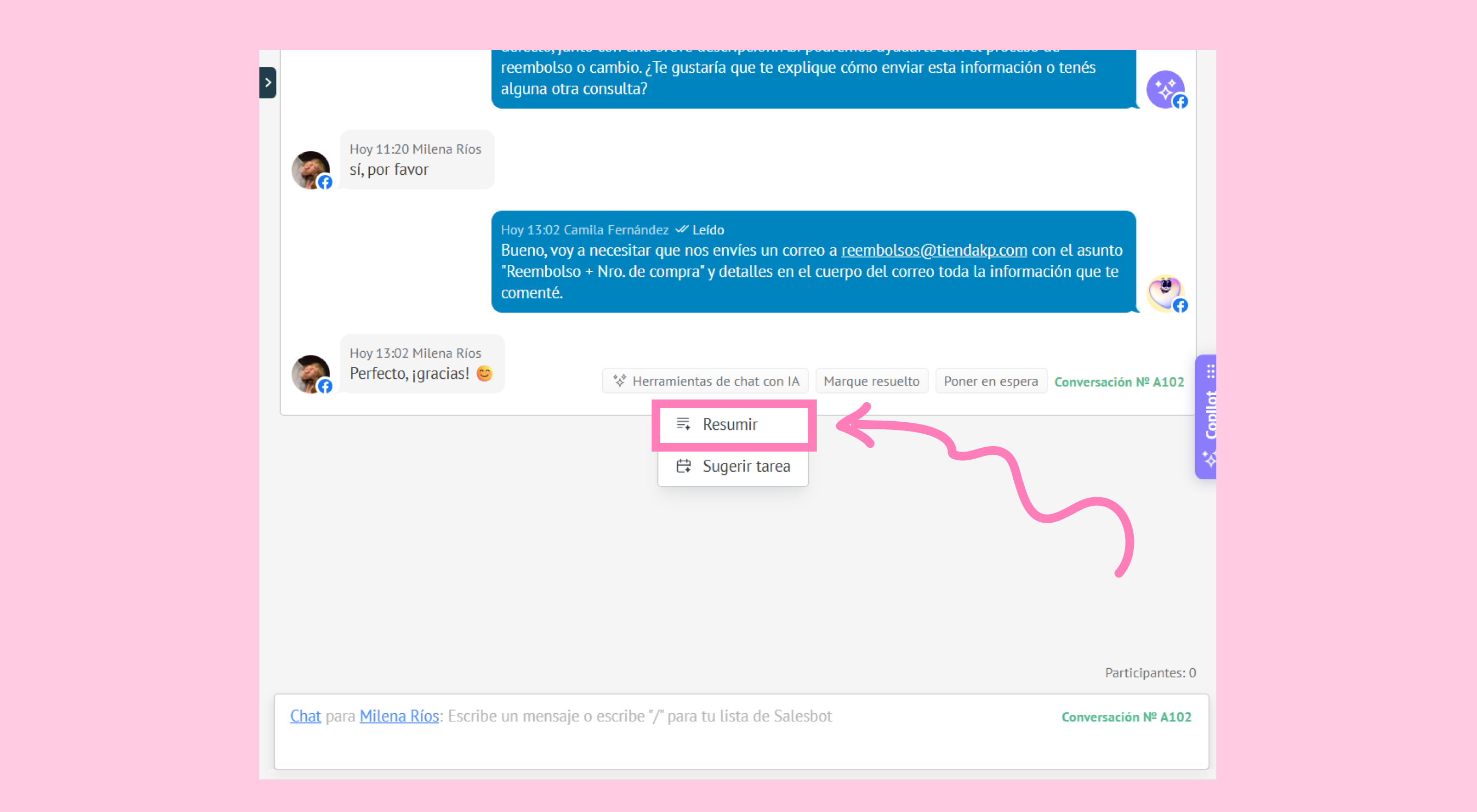 Chat conversation discussing refund process and email instructions for customer support.