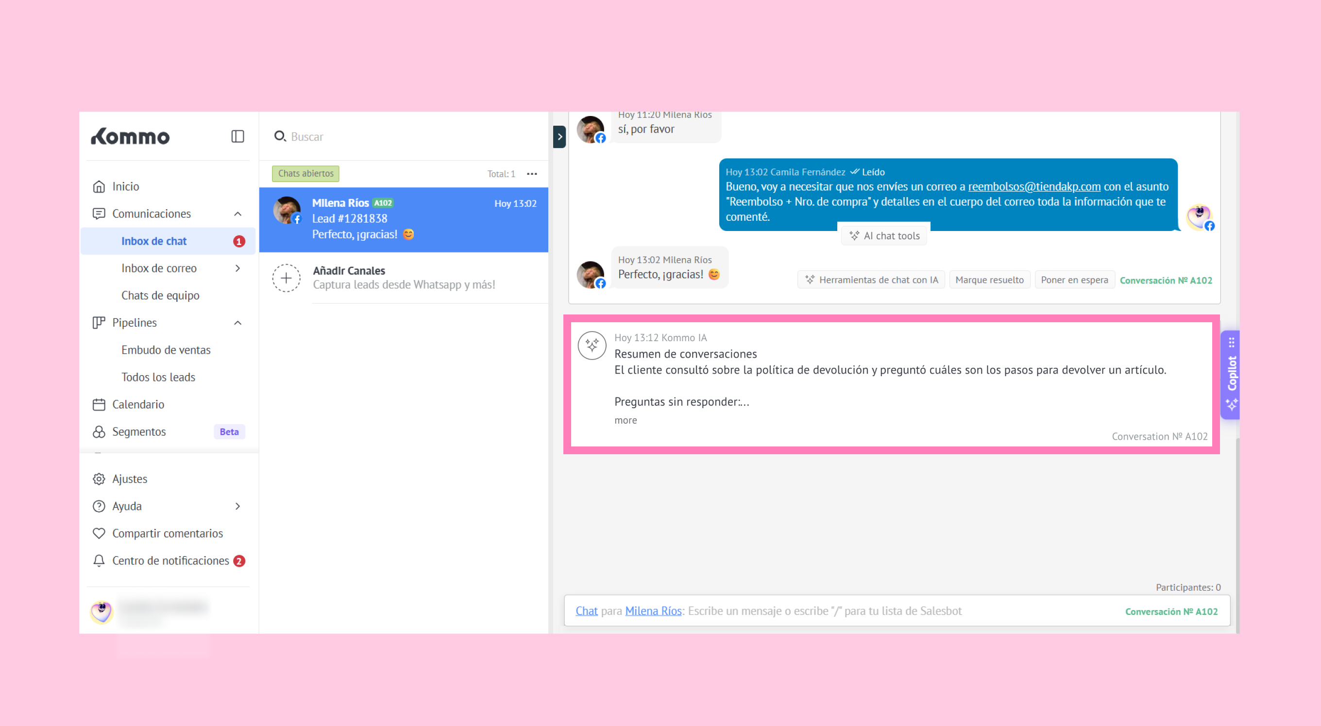 Chat interface showing conversation summary and customer inquiry about return policy.
