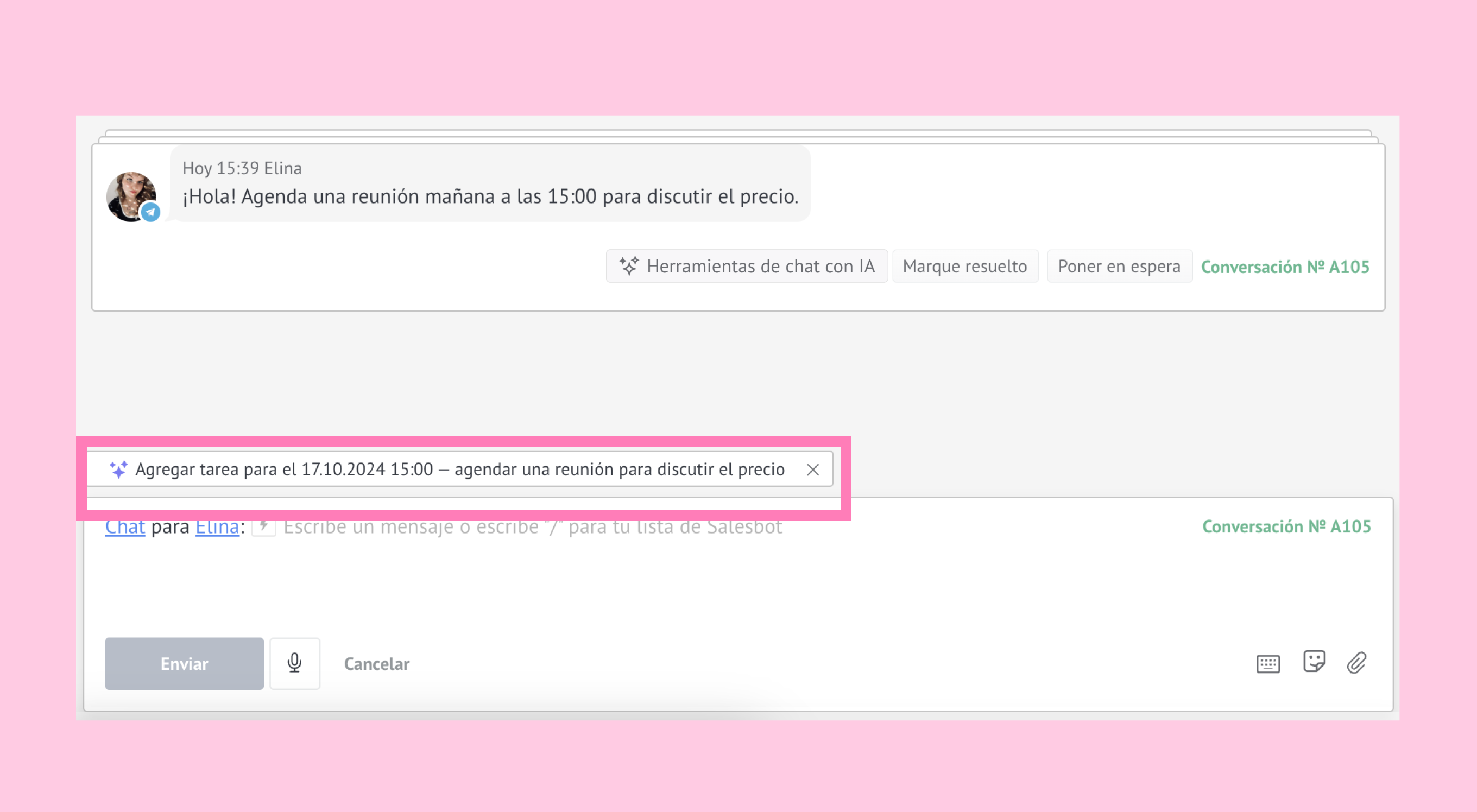 Chat message scheduling a meeting to discuss pricing on October 17, 2024.