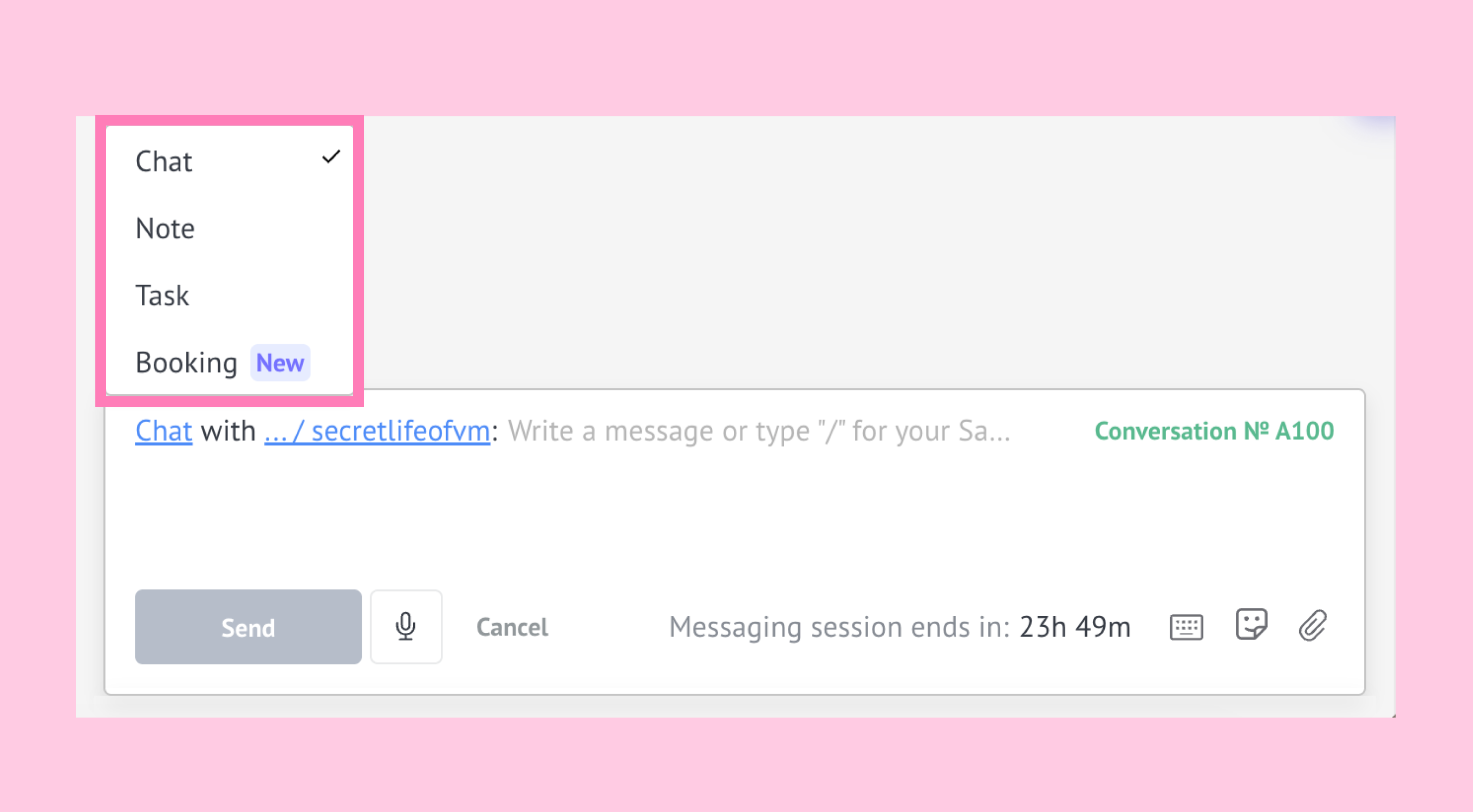 Message type menu with Chat, Note, Task, and Booking options.